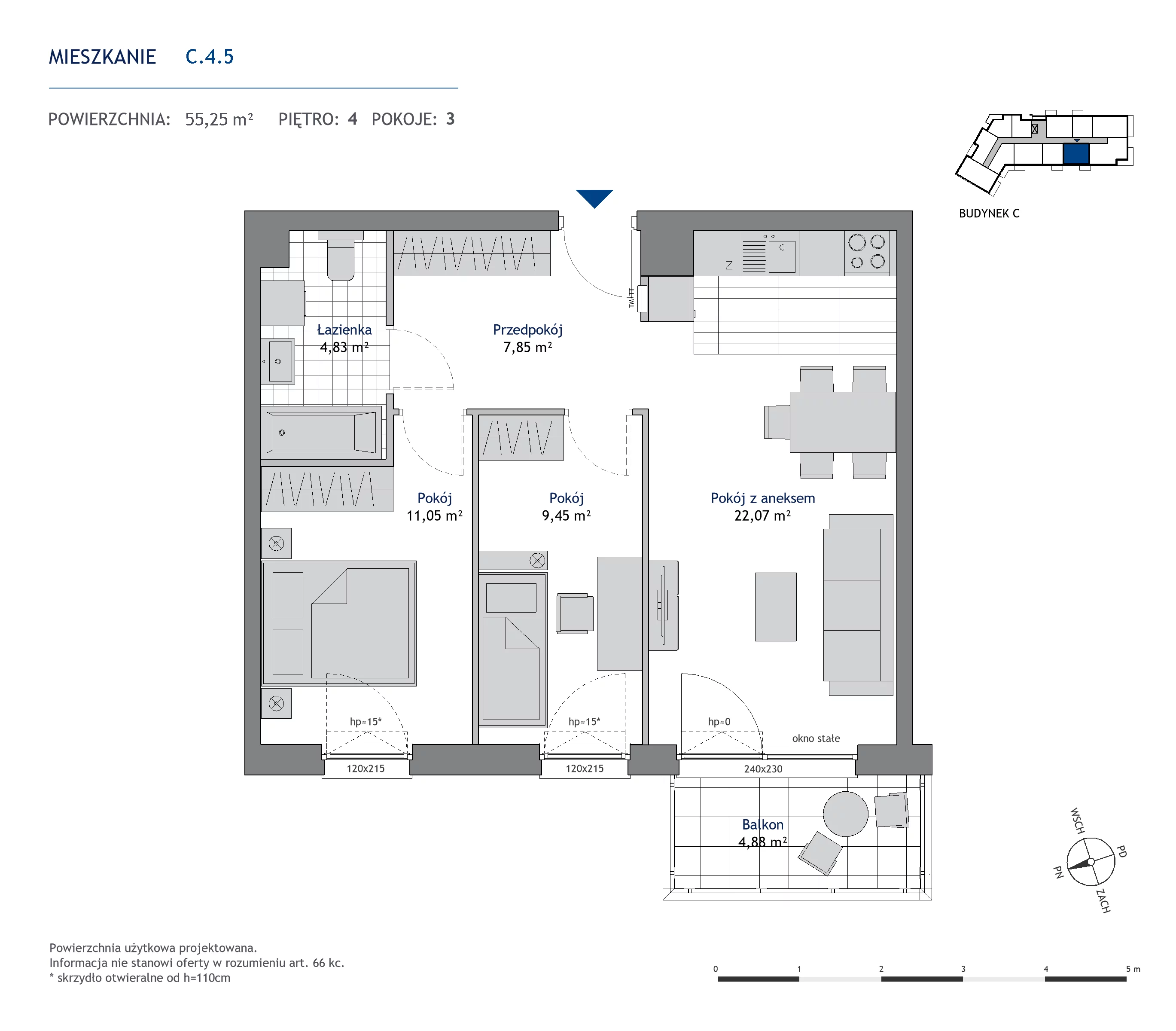 Mieszkanie 55,25 m², piętro 4, oferta nr C.4.5, Nowa Dąbrowa, Gdynia, Dąbrowa, ul. Rdestowa