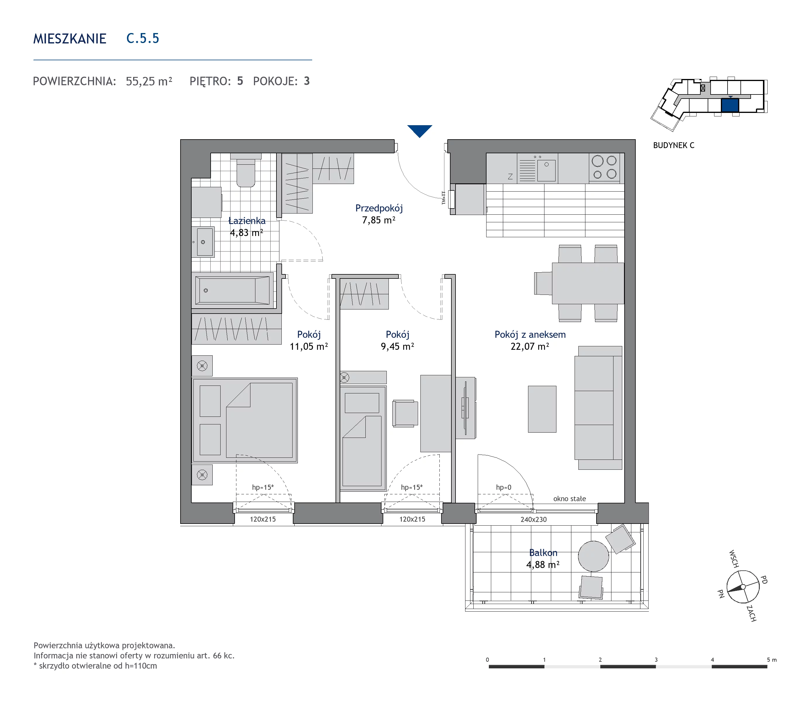 Mieszkanie 55,25 m², piętro 5, oferta nr C.5.5, Nowa Dąbrowa, Gdynia, Dąbrowa, ul. Rdestowa