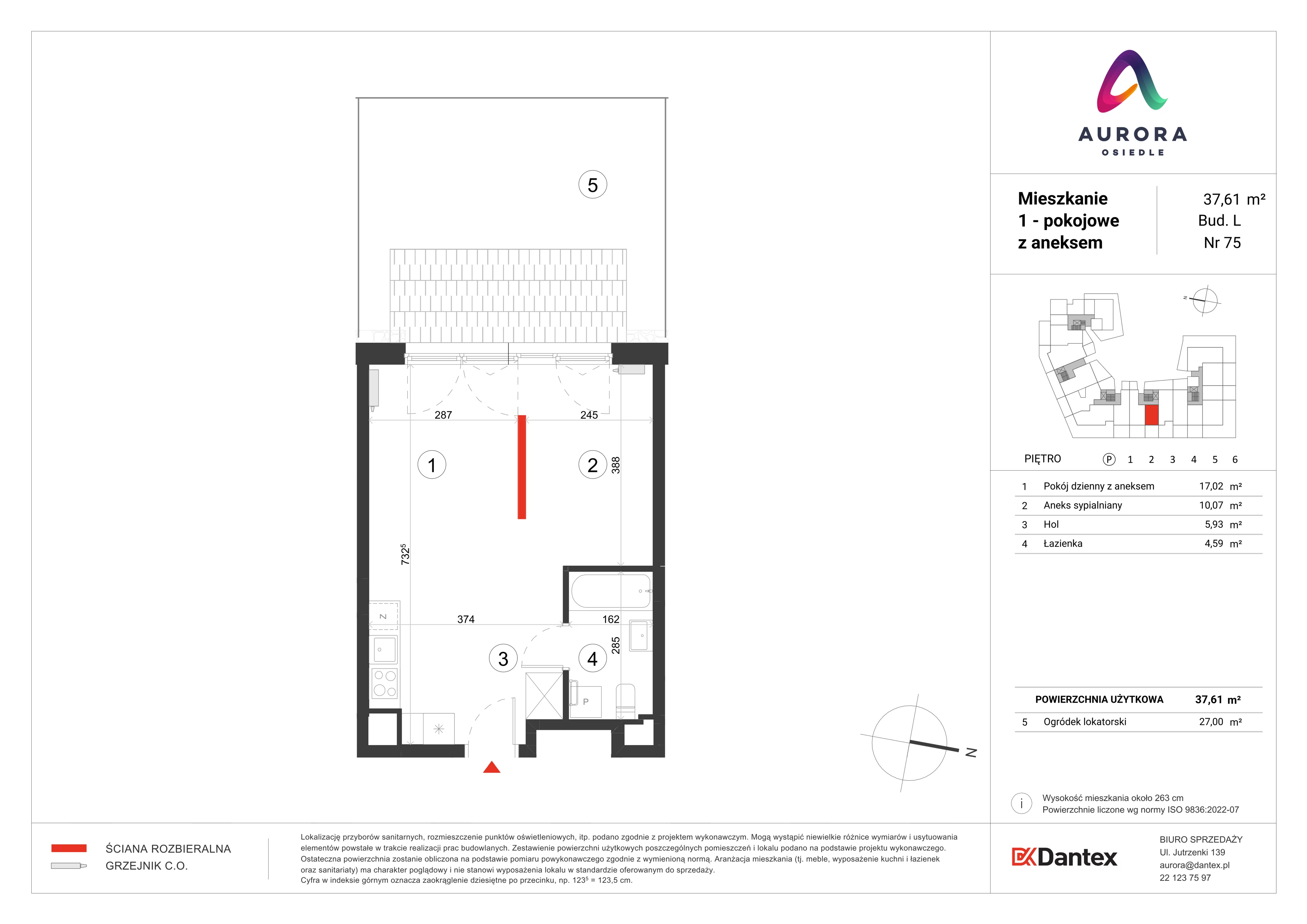 1 pokój, mieszkanie 37,61 m², parter, oferta nr L1/M075, Osiedle Aurora, Warszawa, Włochy, Raków, ul. Jutrzenki / Wschodu Słońca