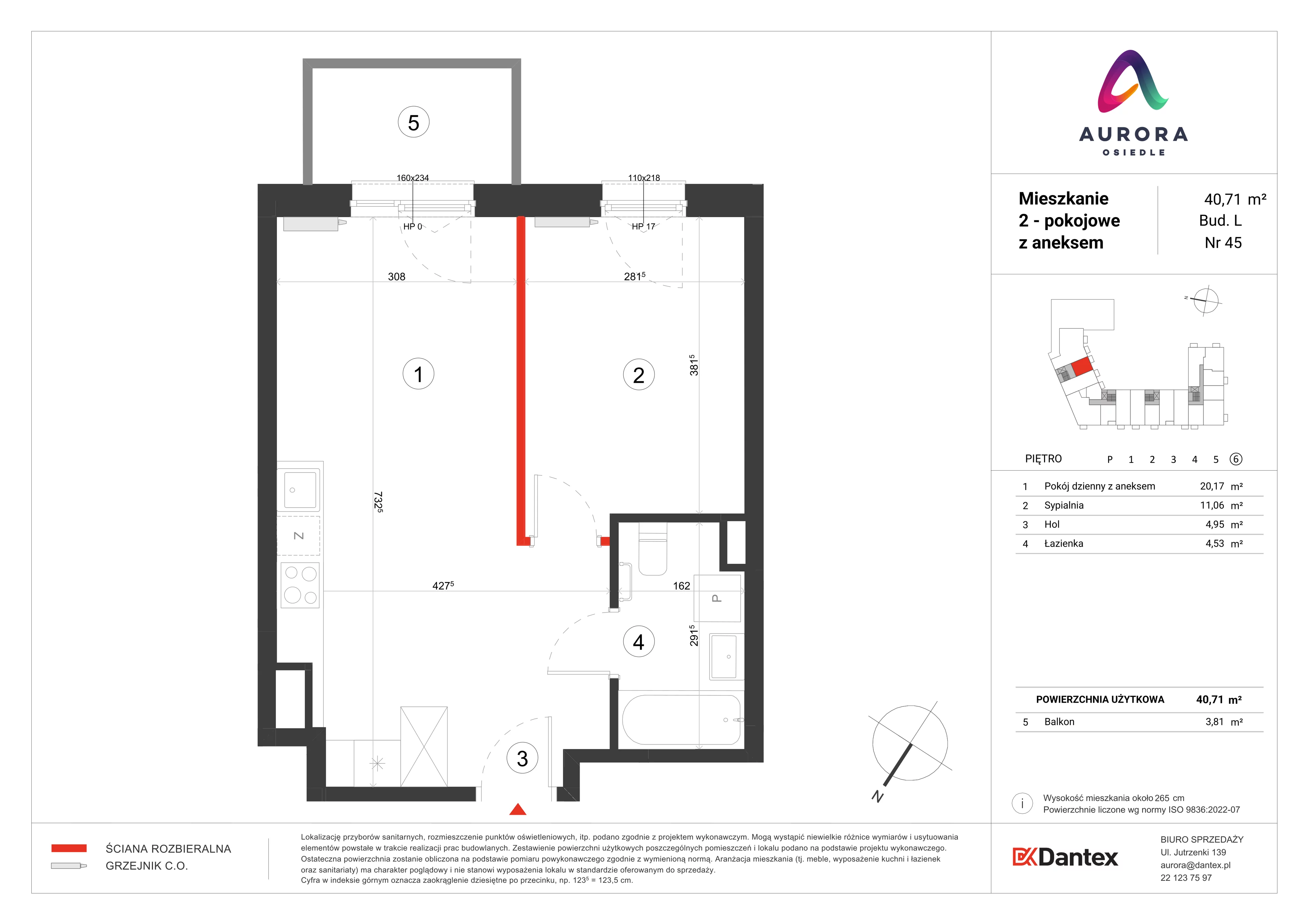 Mieszkanie 40,71 m², piętro 6, oferta nr L1/M045, Osiedle Aurora, Warszawa, Włochy, Raków, ul. Jutrzenki / Wschodu Słońca