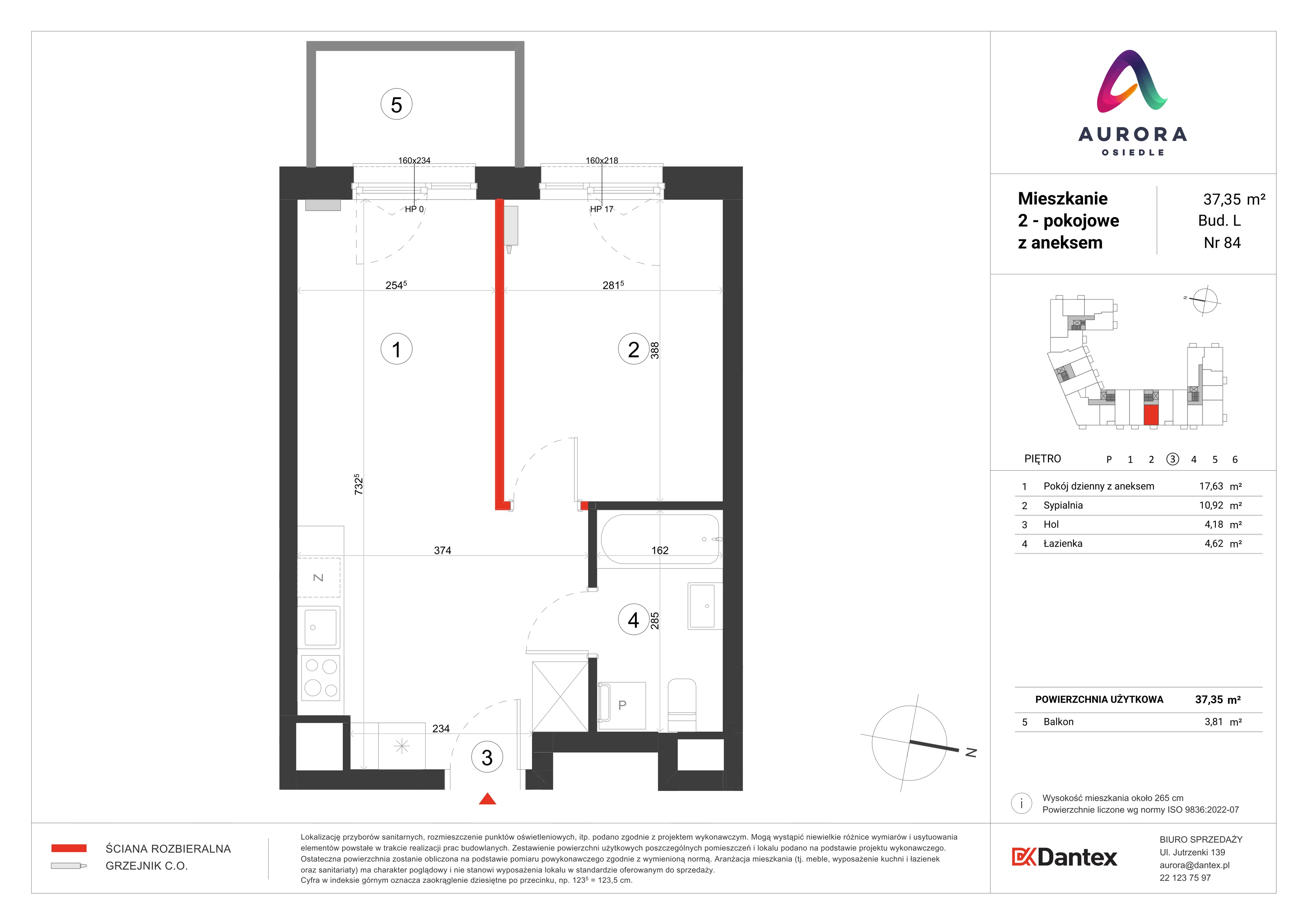 Mieszkanie 37,35 m², piętro 3, oferta nr L1/M084, Osiedle Aurora, Warszawa, Włochy, Raków, ul. Jutrzenki / Wschodu Słońca