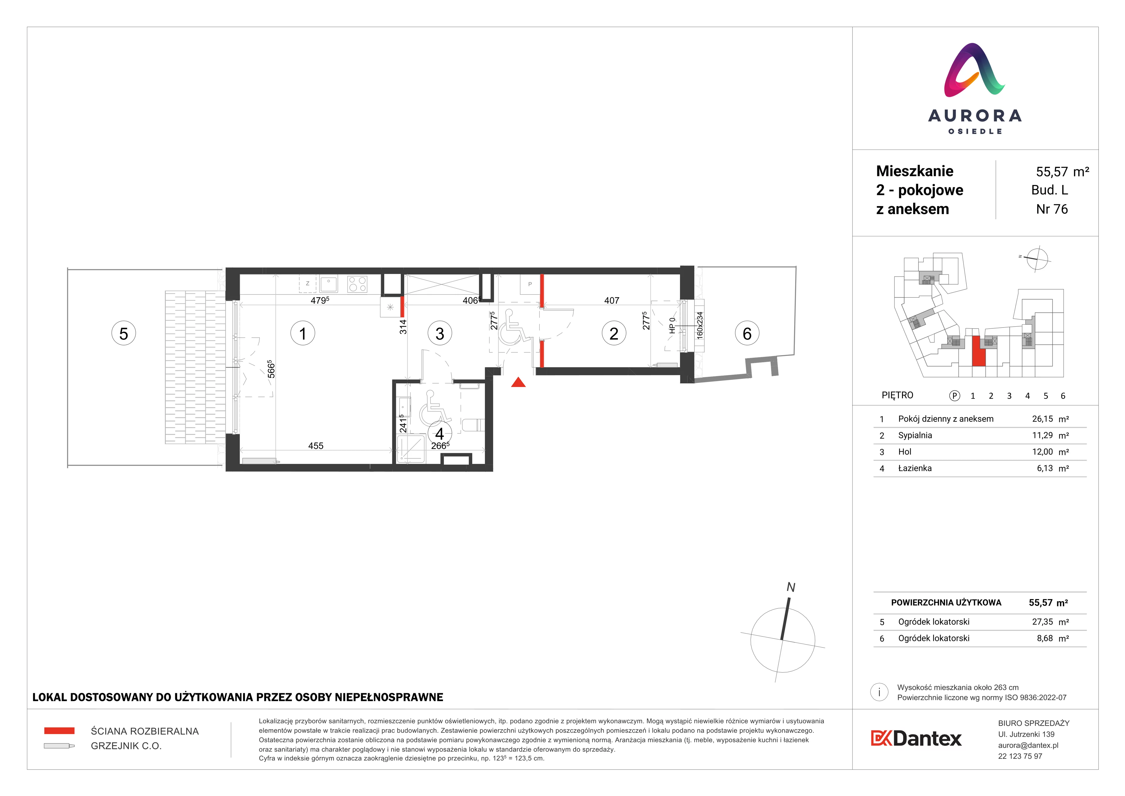 2 pokoje, mieszkanie 55,57 m², parter, oferta nr L1/M076, Osiedle Aurora, Warszawa, Włochy, Raków, ul. Jutrzenki / Wschodu Słońca