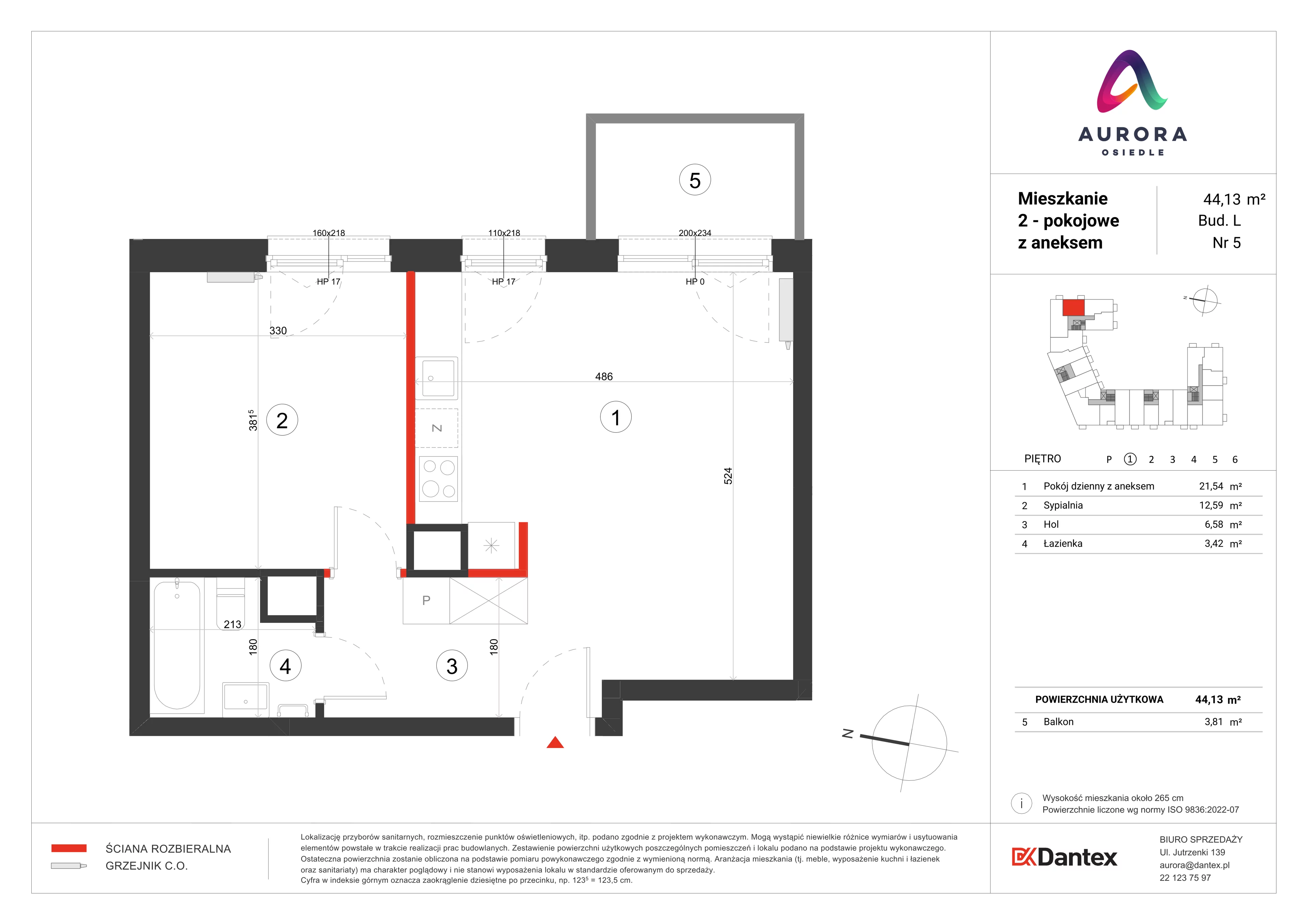 2 pokoje, mieszkanie 44,13 m², piętro 1, oferta nr L1/M005, Osiedle Aurora, Warszawa, Włochy, Raków, ul. Jutrzenki / Wschodu Słońca