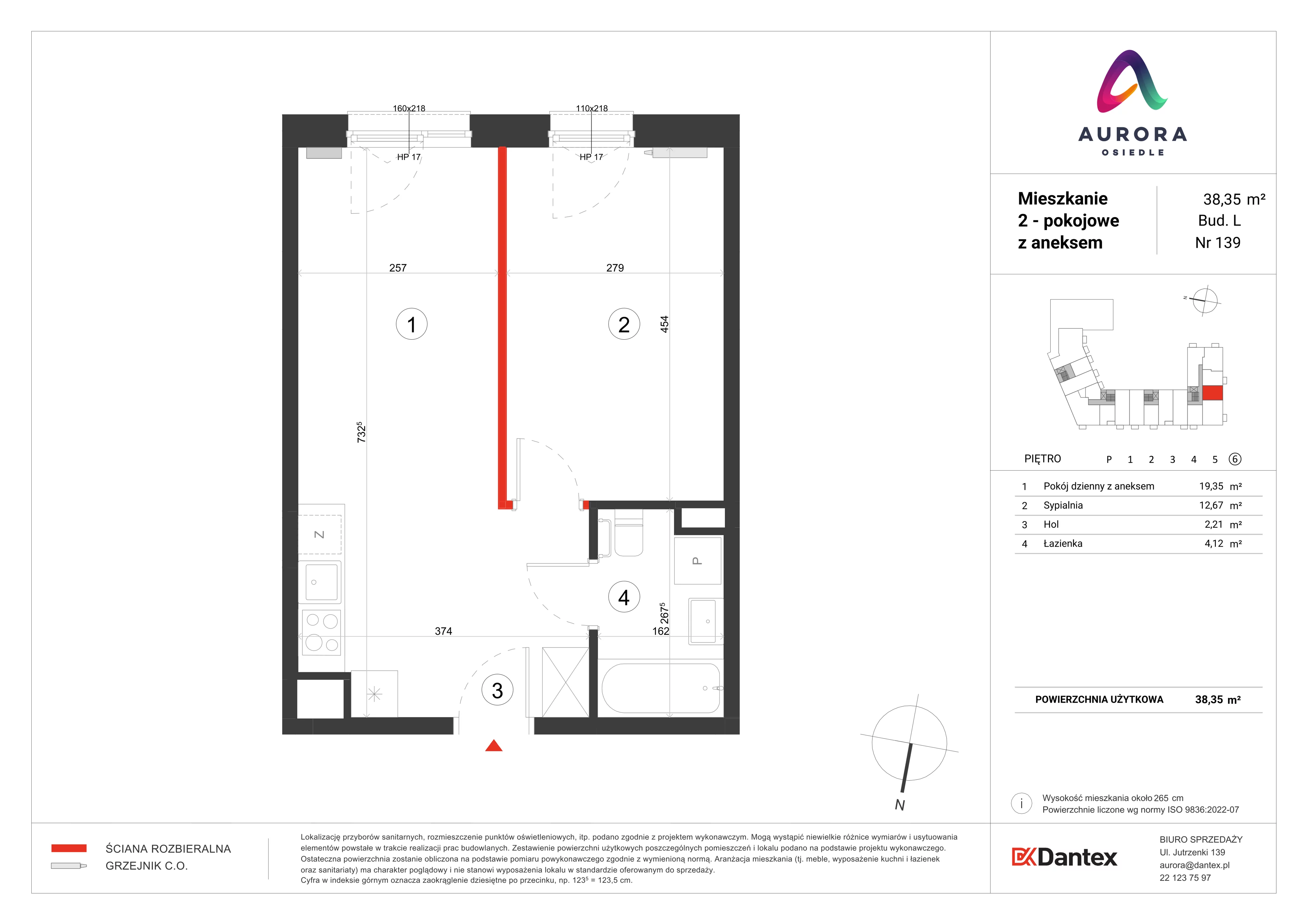 2 pokoje, mieszkanie 38,35 m², piętro 6, oferta nr L1/M139, Osiedle Aurora, Warszawa, Włochy, Raków, ul. Jutrzenki / Wschodu Słońca