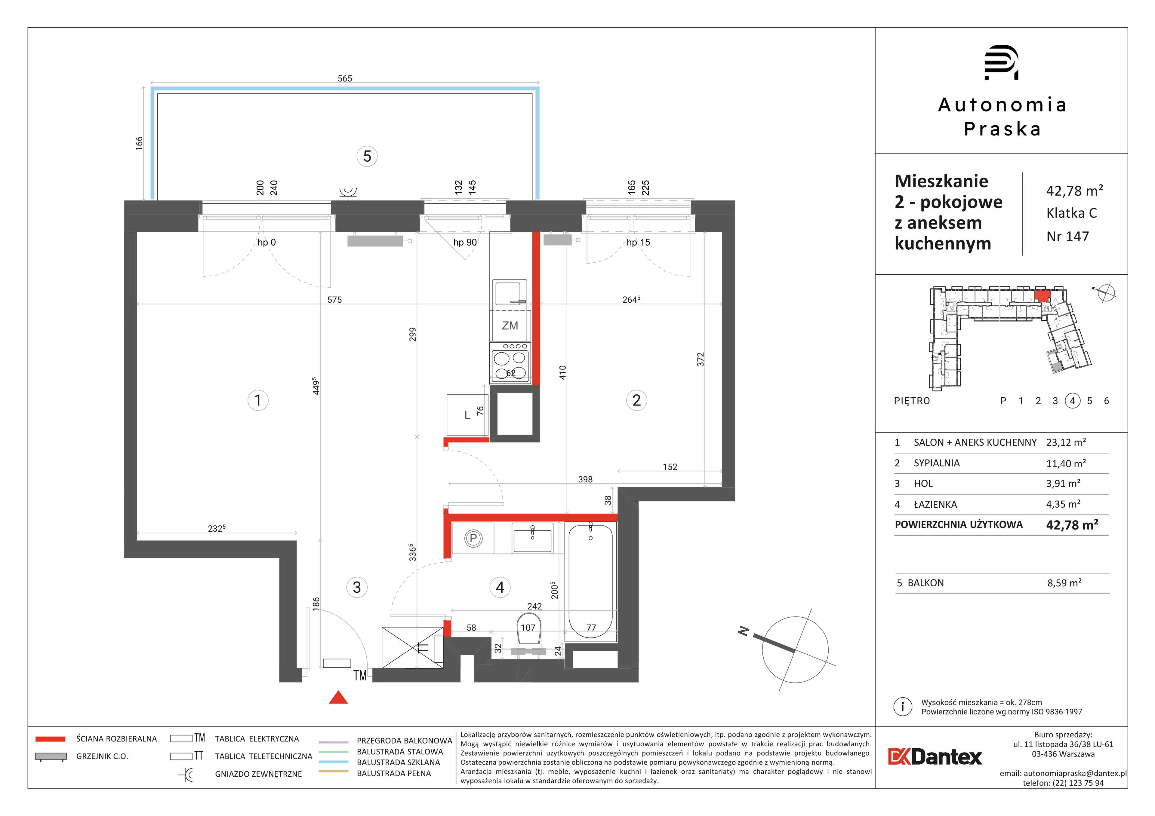 2 pokoje, mieszkanie 42,78 m², piętro 4, oferta nr 1/M147, Autonomia Praska, Warszawa, Praga Północ, ul. Namysłowska