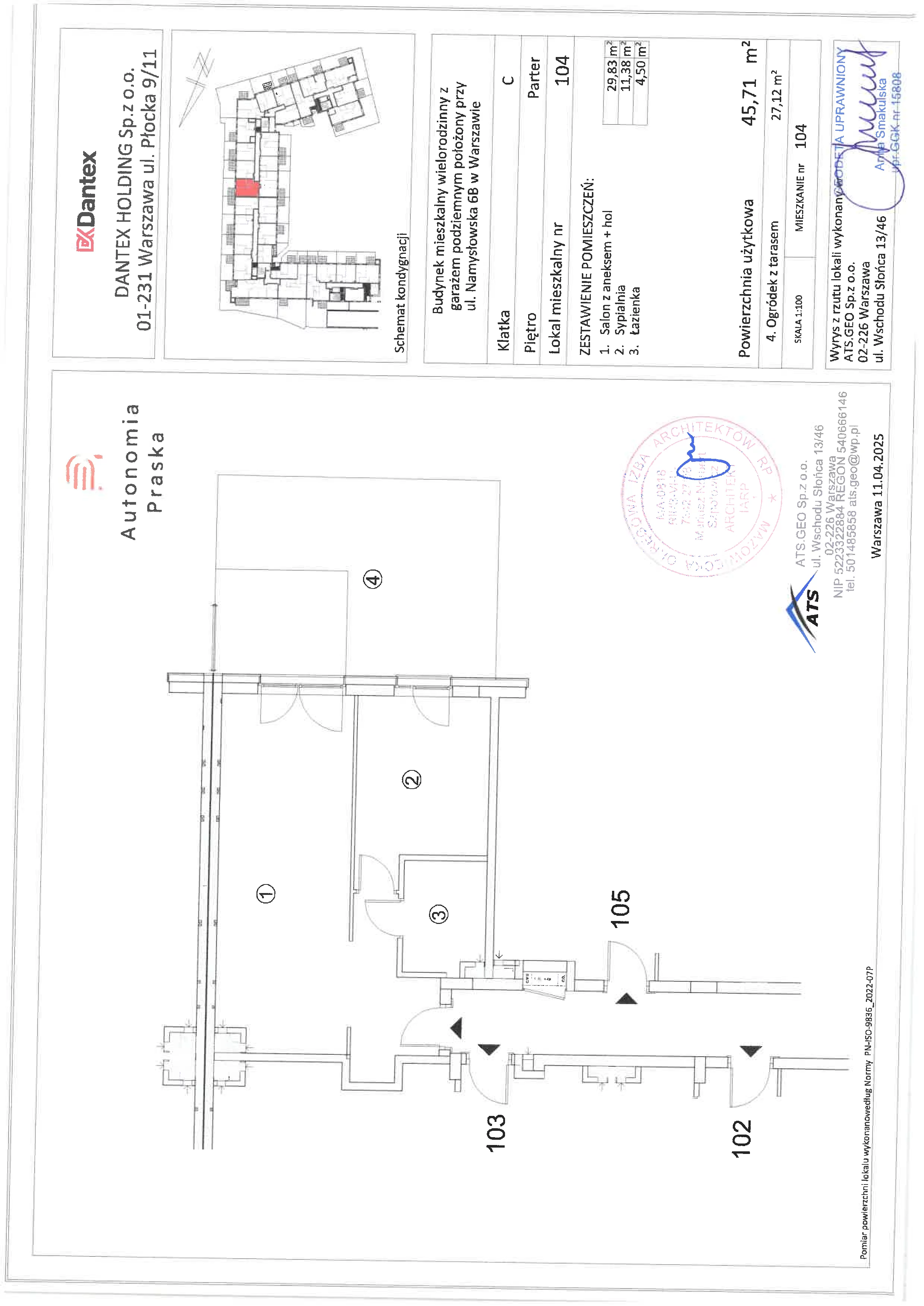 2 pokoje, mieszkanie 45,71 m², parter, oferta nr 1/M104, Autonomia Praska, Warszawa, Praga Północ, ul. Namysłowska