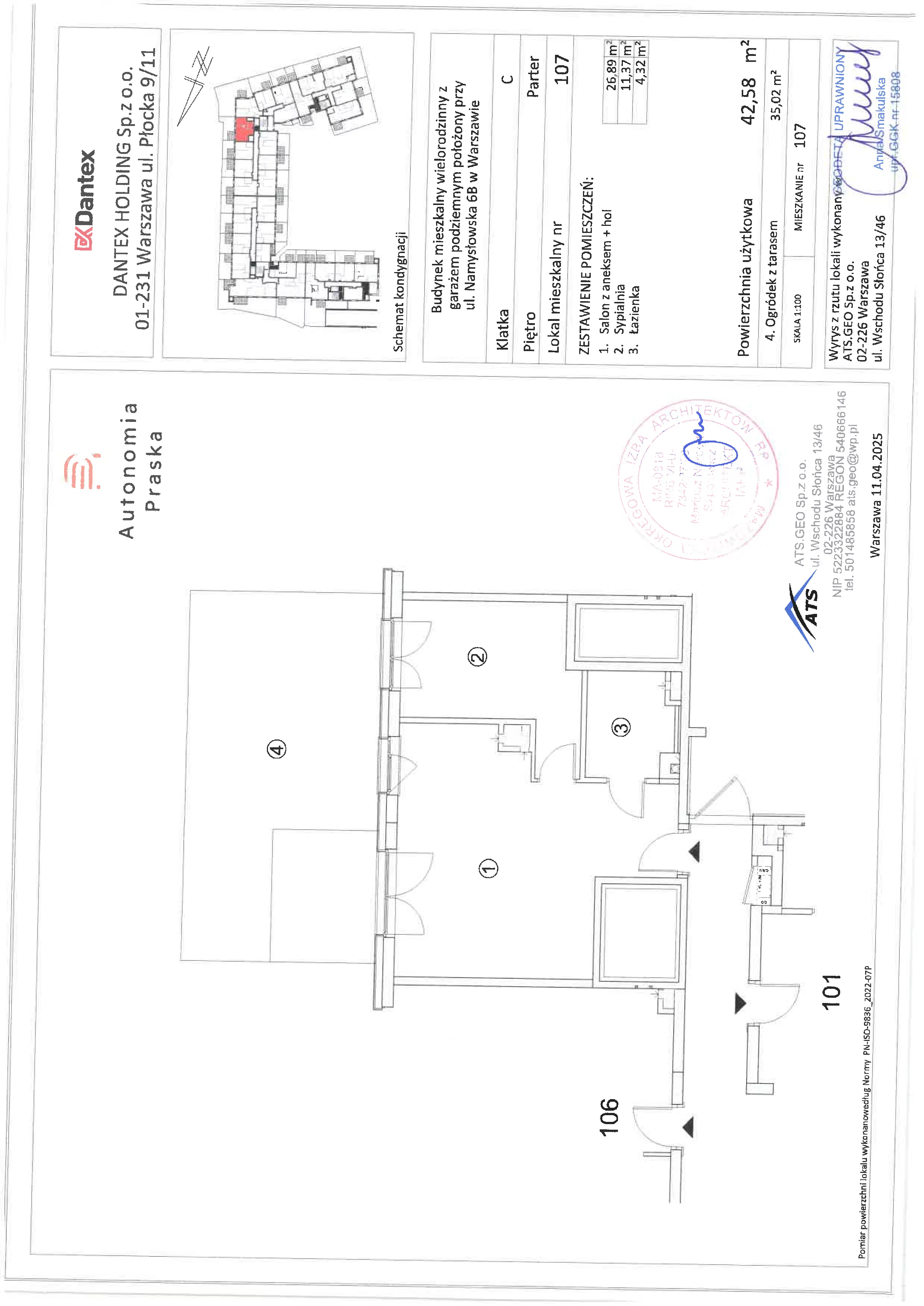2 pokoje, mieszkanie 42,58 m², parter, oferta nr 1/M107, Autonomia Praska, Warszawa, Praga Północ, ul. Namysłowska