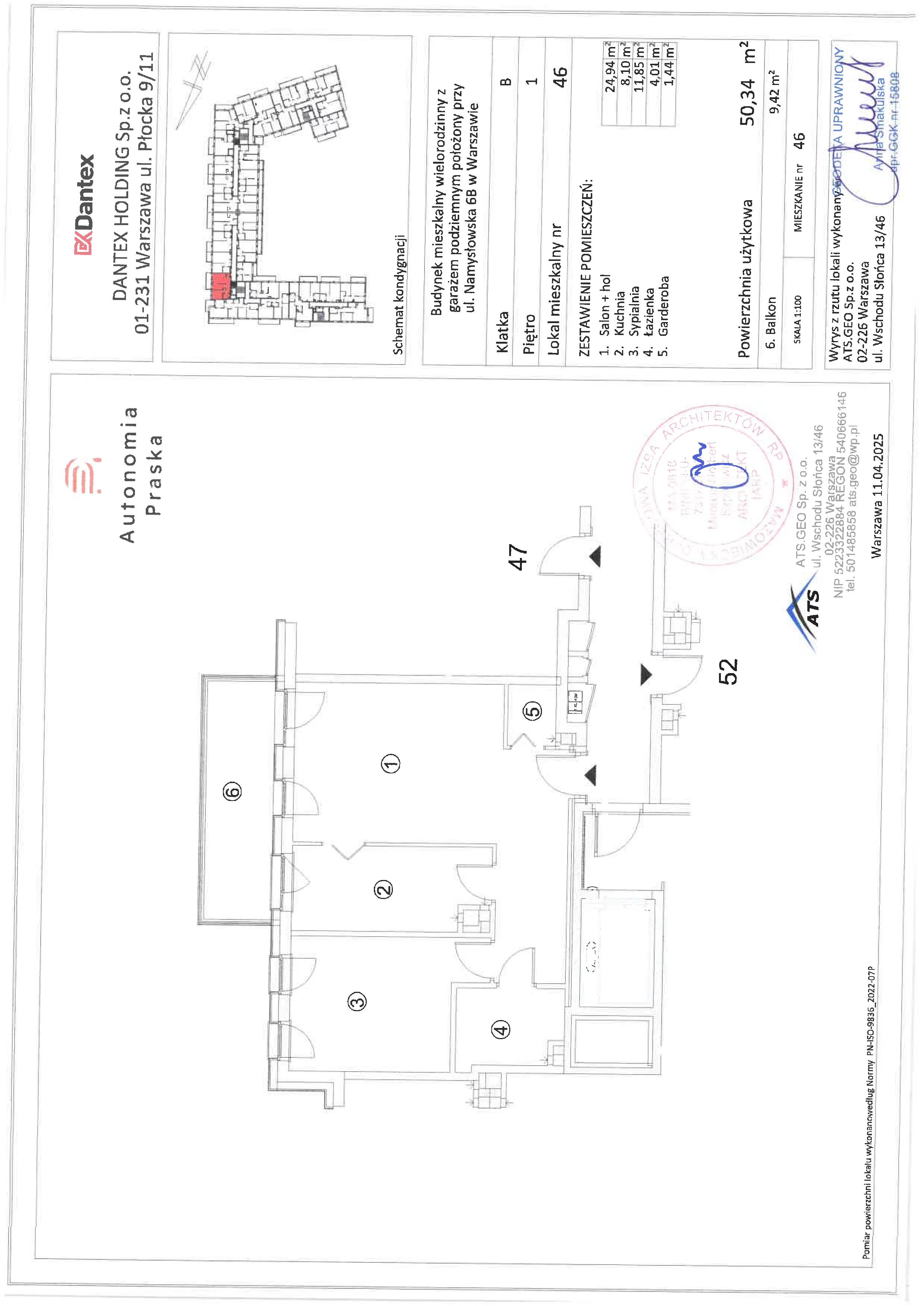 2 pokoje, mieszkanie 50,34 m², piętro 1, oferta nr 1/M46, Autonomia Praska, Warszawa, Praga Północ, ul. Namysłowska