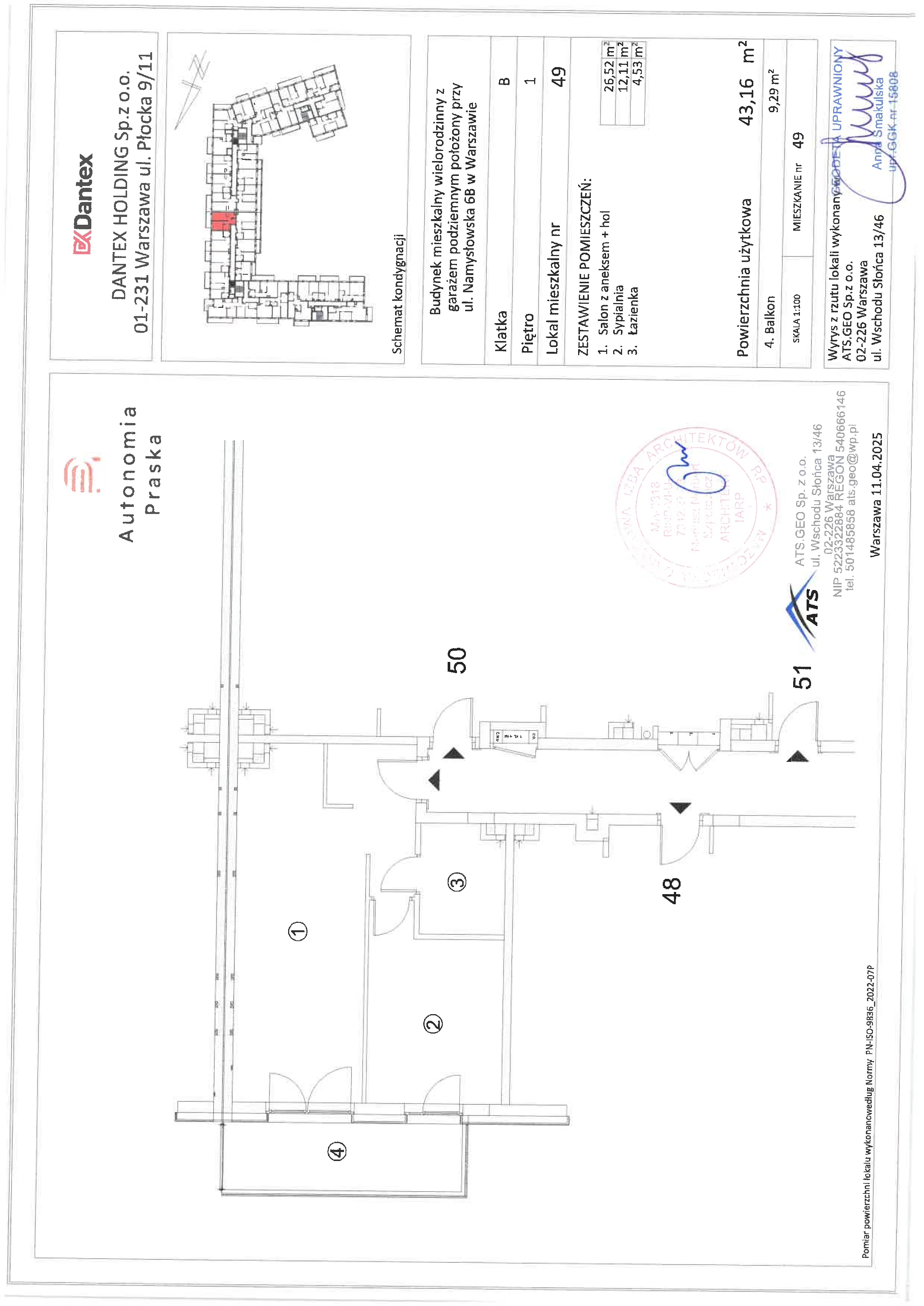 2 pokoje, mieszkanie 43,16 m², piętro 1, oferta nr 1/M49, Autonomia Praska, Warszawa, Praga Północ, ul. Namysłowska