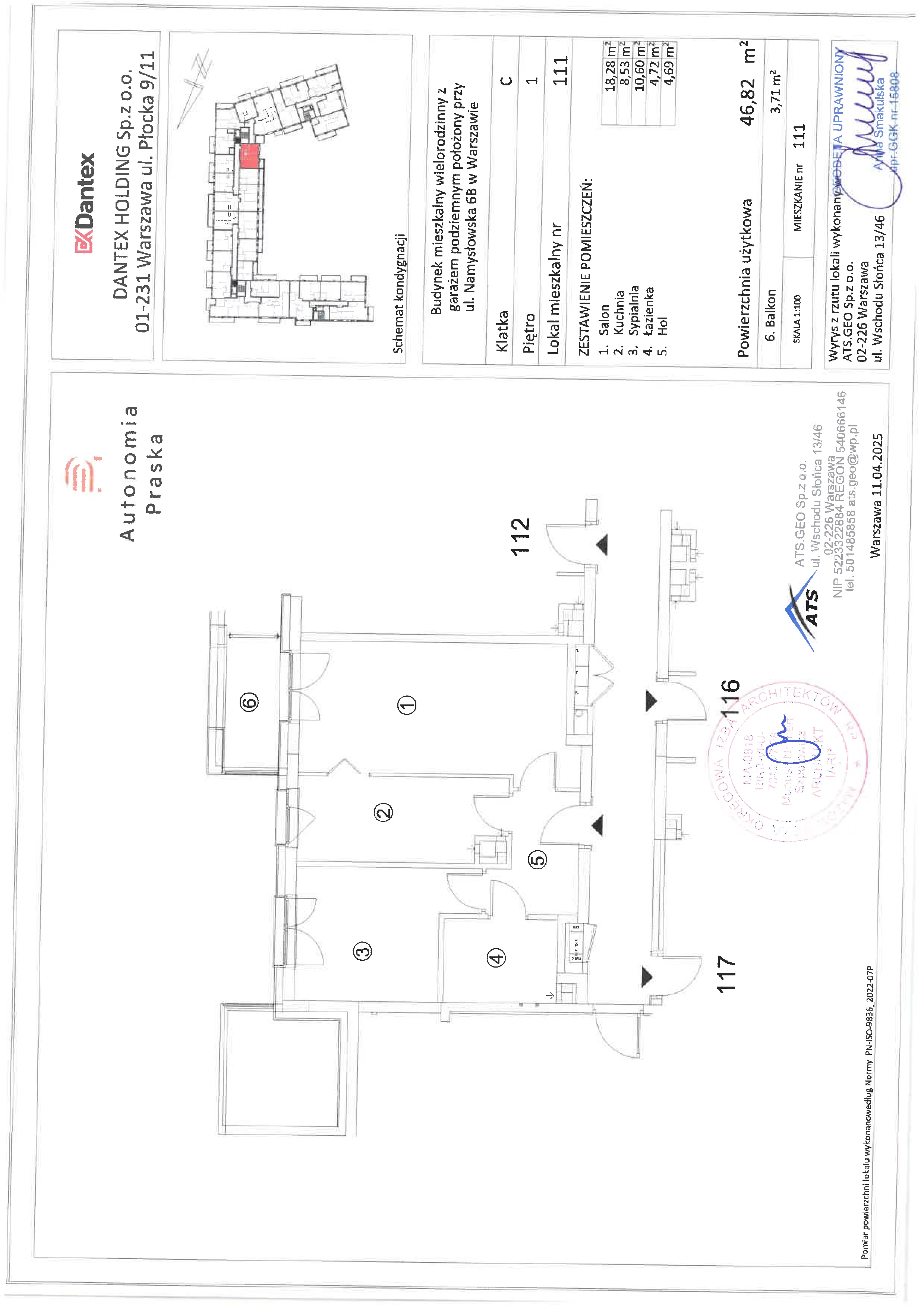 2 pokoje, mieszkanie 46,82 m², piętro 1, oferta nr 1/M111, Autonomia Praska, Warszawa, Praga Północ, ul. Namysłowska