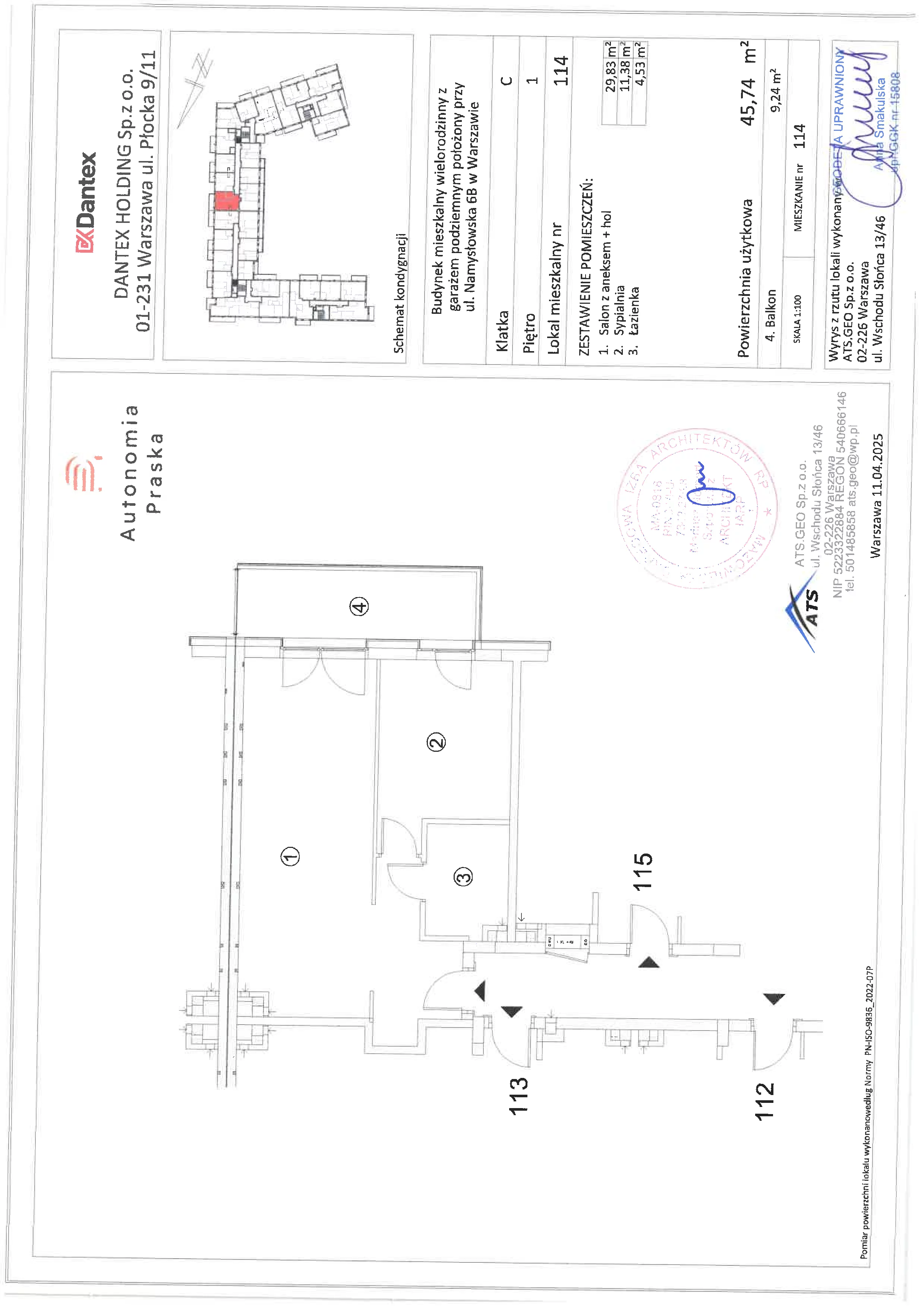 2 pokoje, mieszkanie 45,74 m², piętro 1, oferta nr 1/M114, Autonomia Praska, Warszawa, Praga Północ, ul. Namysłowska