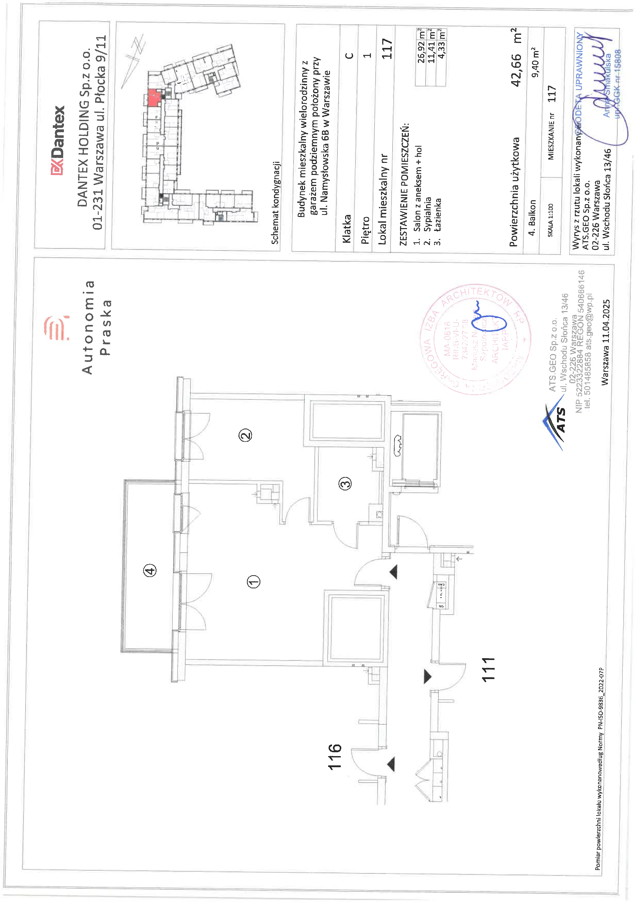 2 pokoje, mieszkanie 42,66 m², piętro 1, oferta nr 1/M117, Autonomia Praska, Warszawa, Praga Północ, ul. Namysłowska