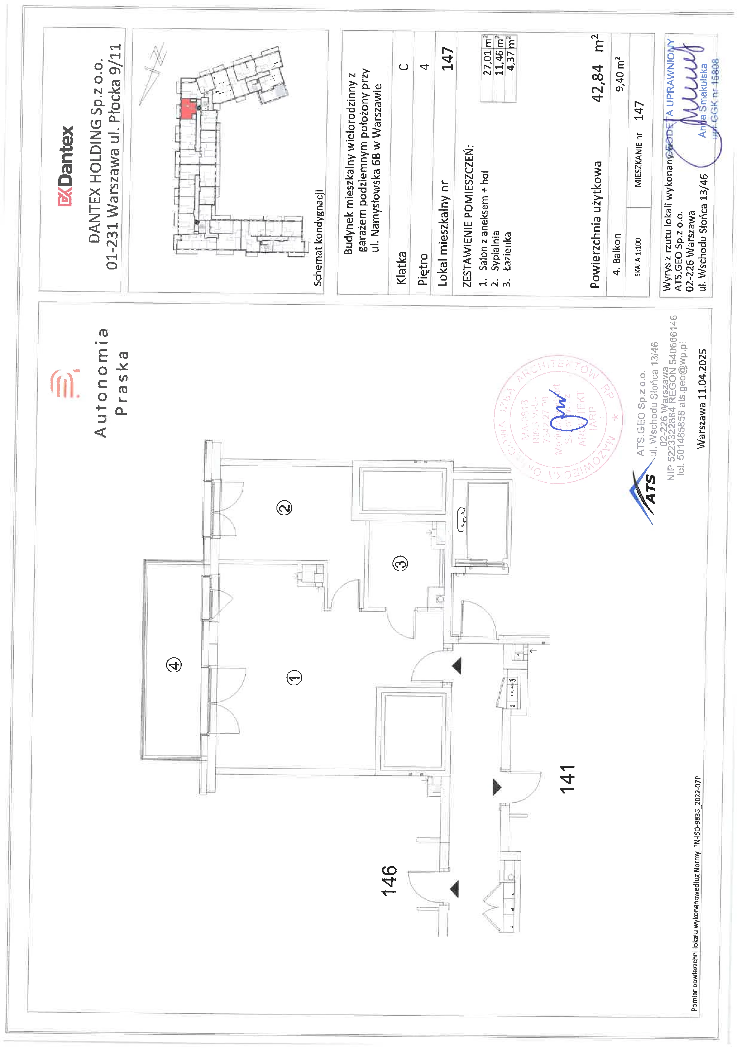 2 pokoje, mieszkanie 42,84 m², piętro 4, oferta nr 1/M147, Autonomia Praska, Warszawa, Praga Północ, ul. Namysłowska
