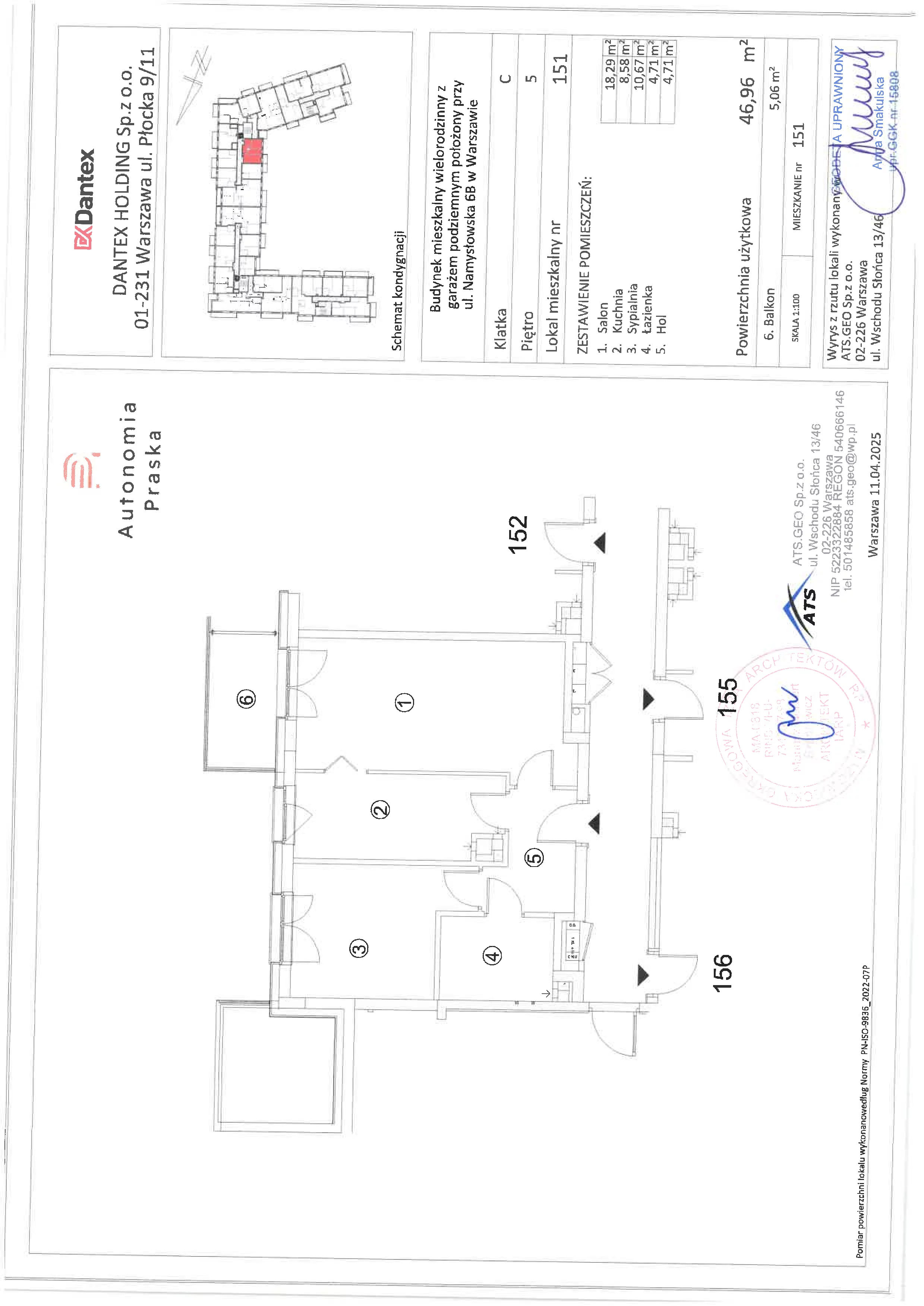 2 pokoje, mieszkanie 46,96 m², piętro 5, oferta nr 1/M151, Autonomia Praska, Warszawa, Praga Północ, ul. Namysłowska