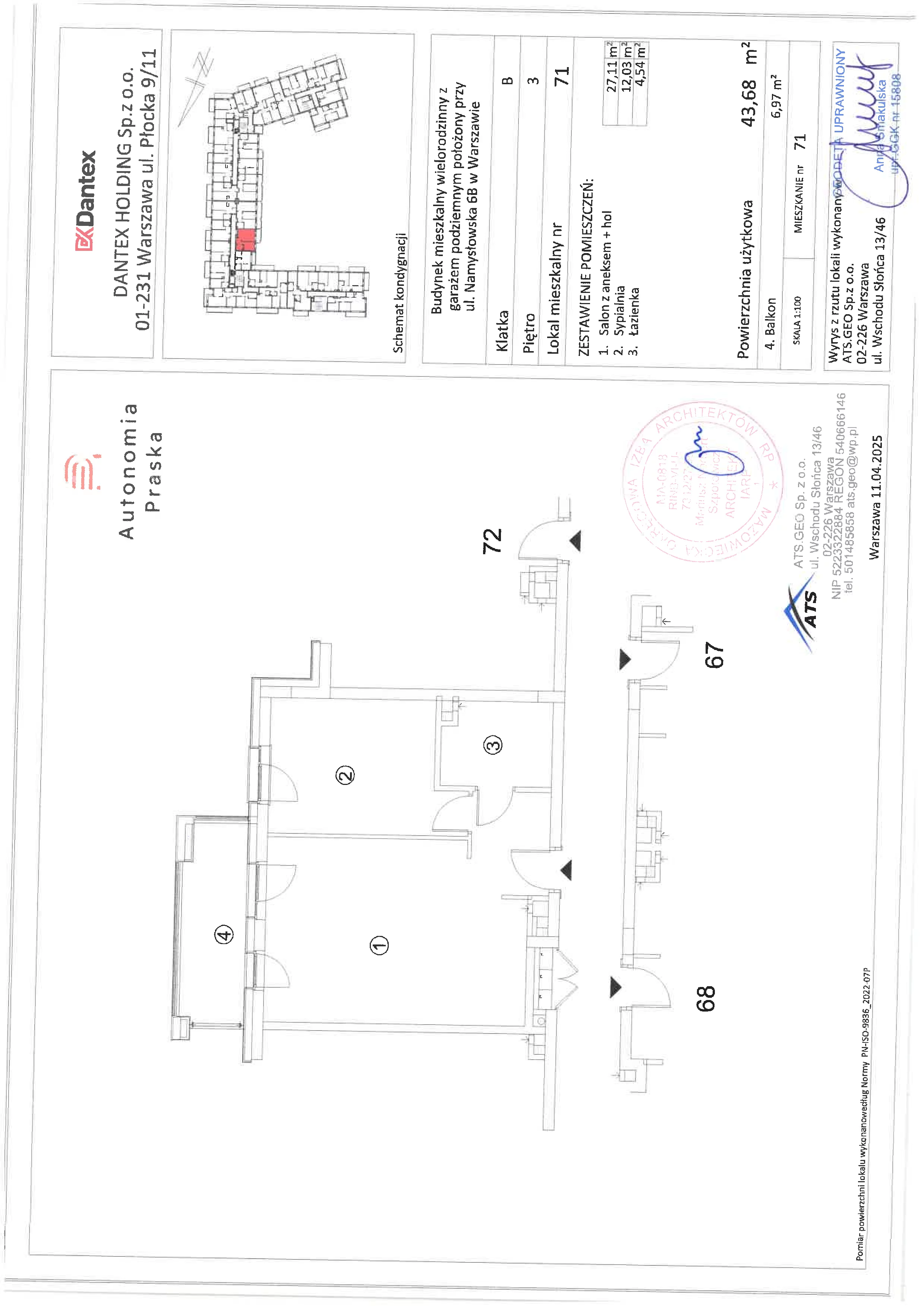2 pokoje, mieszkanie 43,68 m², piętro 3, oferta nr 1/M71, Autonomia Praska, Warszawa, Praga Północ, ul. Namysłowska