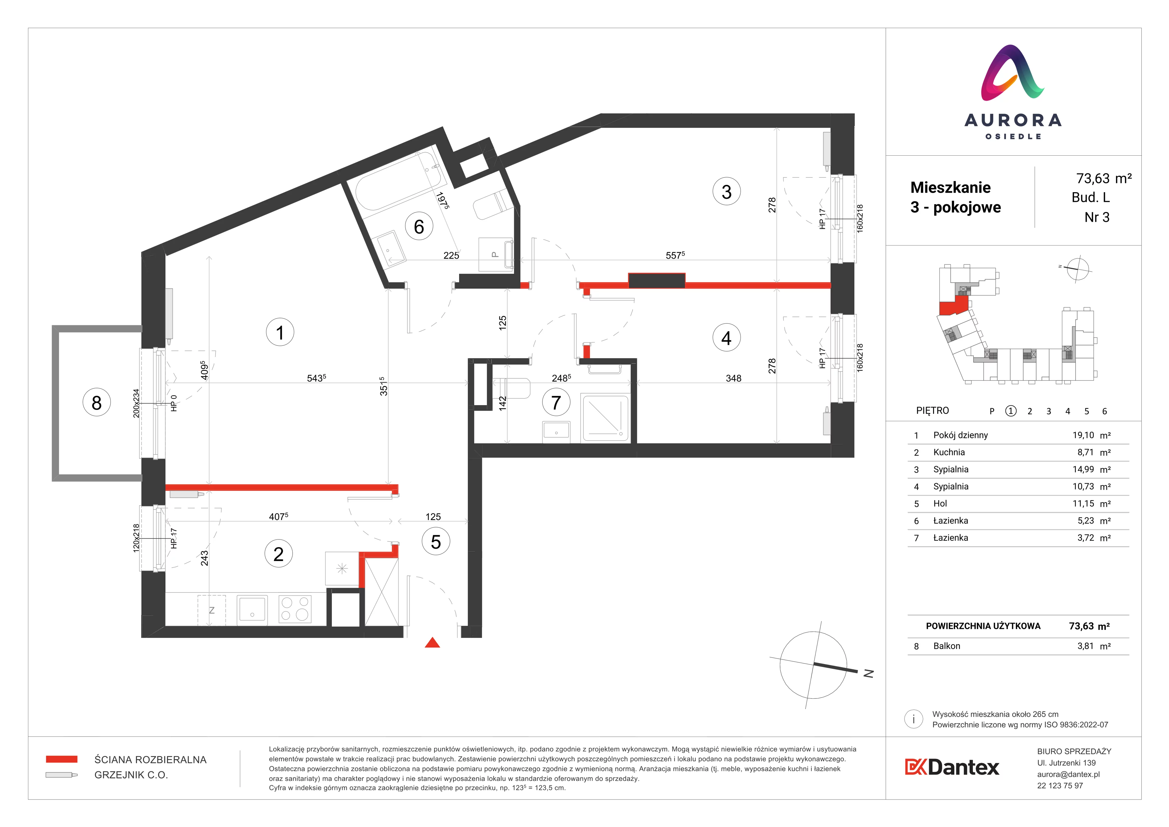 3 pokoje, mieszkanie 73,63 m², piętro 1, oferta nr L1/M003, Osiedle Aurora, Warszawa, Włochy, Raków, ul. Jutrzenki / Wschodu Słońca