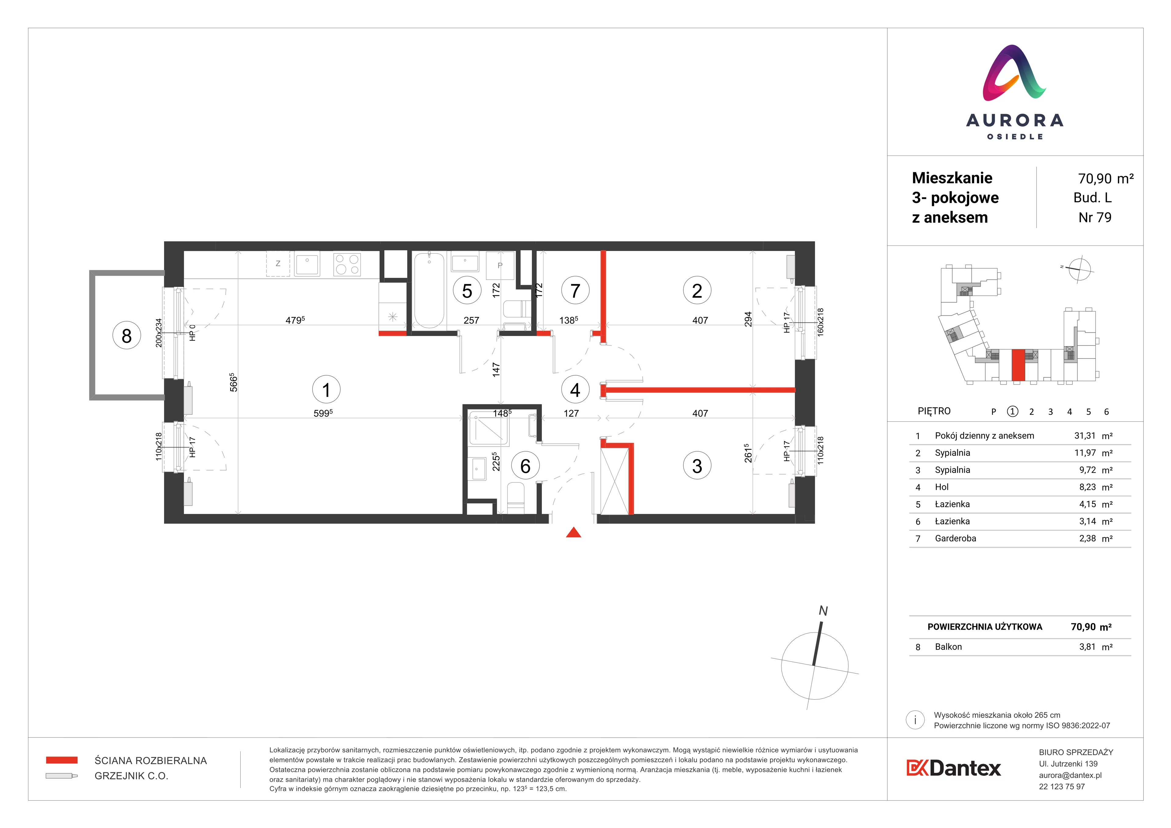 3 pokoje, mieszkanie 70,90 m², piętro 1, oferta nr L1/M079, Osiedle Aurora, Warszawa, Włochy, Raków, ul. Jutrzenki / Wschodu Słońca