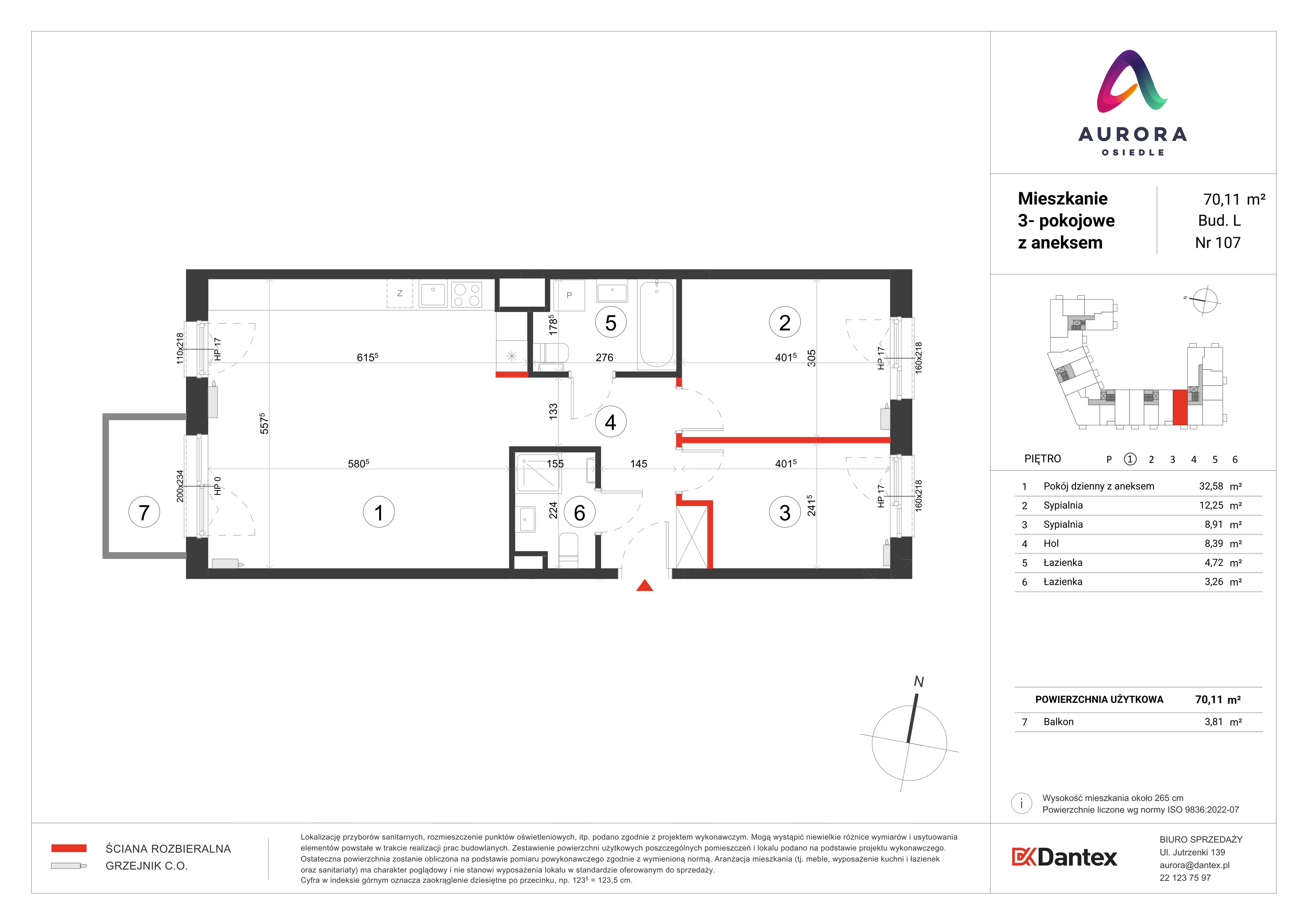 3 pokoje, mieszkanie 70,11 m², piętro 1, oferta nr L1/M107, Osiedle Aurora, Warszawa, Włochy, Raków, ul. Jutrzenki / Wschodu Słońca