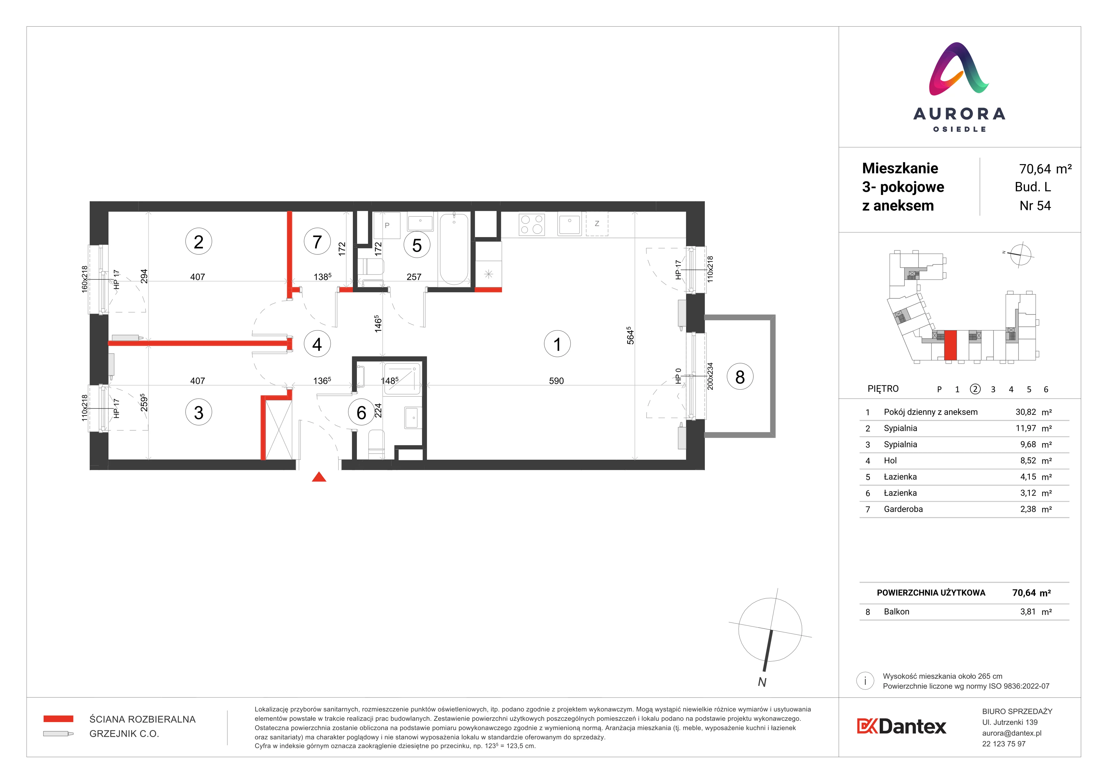 3 pokoje, mieszkanie 70,64 m², piętro 2, oferta nr L1/M054, Osiedle Aurora, Warszawa, Włochy, Raków, ul. Jutrzenki / Wschodu Słońca