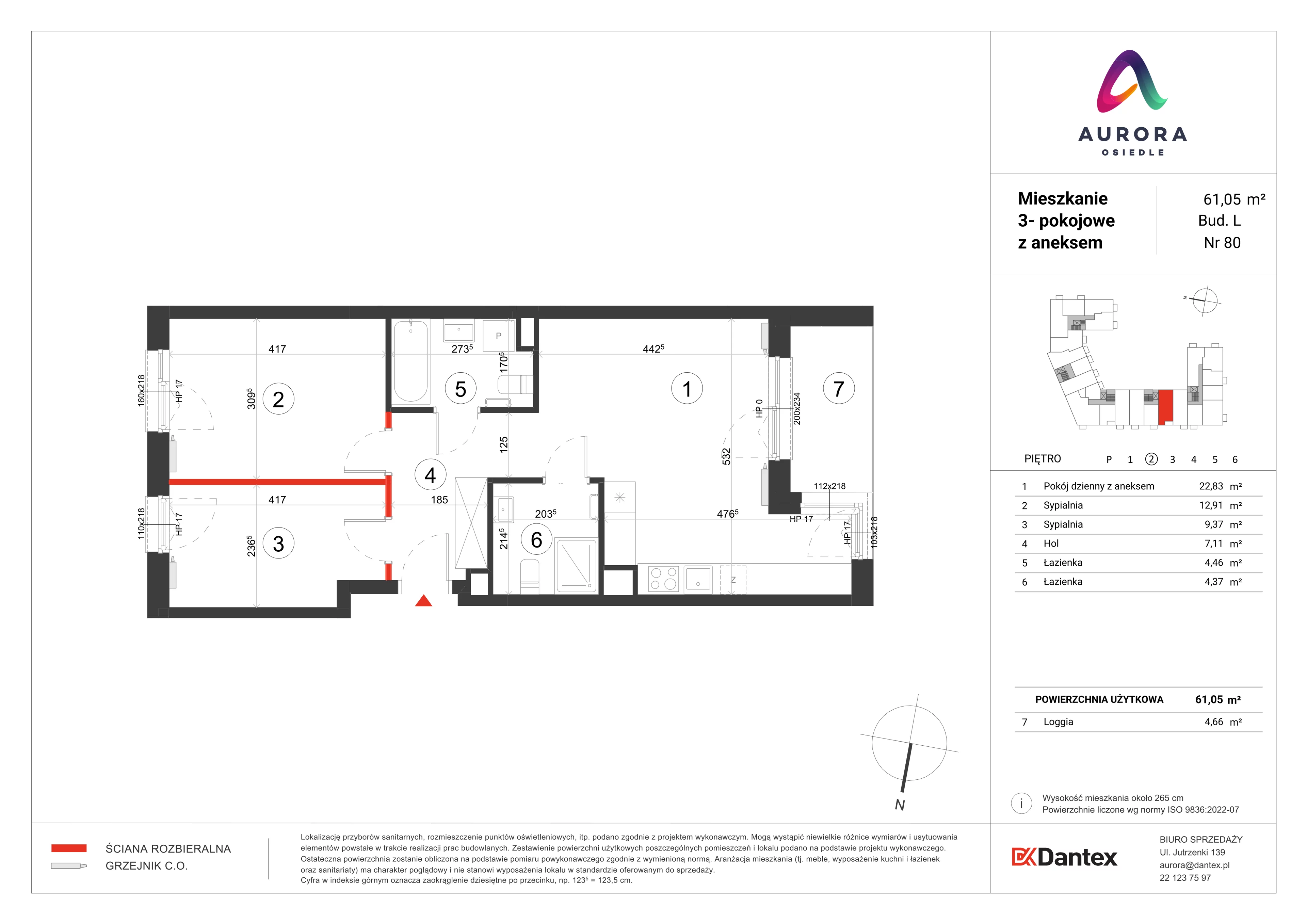 3 pokoje, mieszkanie 61,05 m², piętro 2, oferta nr L1/M080, Osiedle Aurora, Warszawa, Włochy, Raków, ul. Jutrzenki / Wschodu Słońca