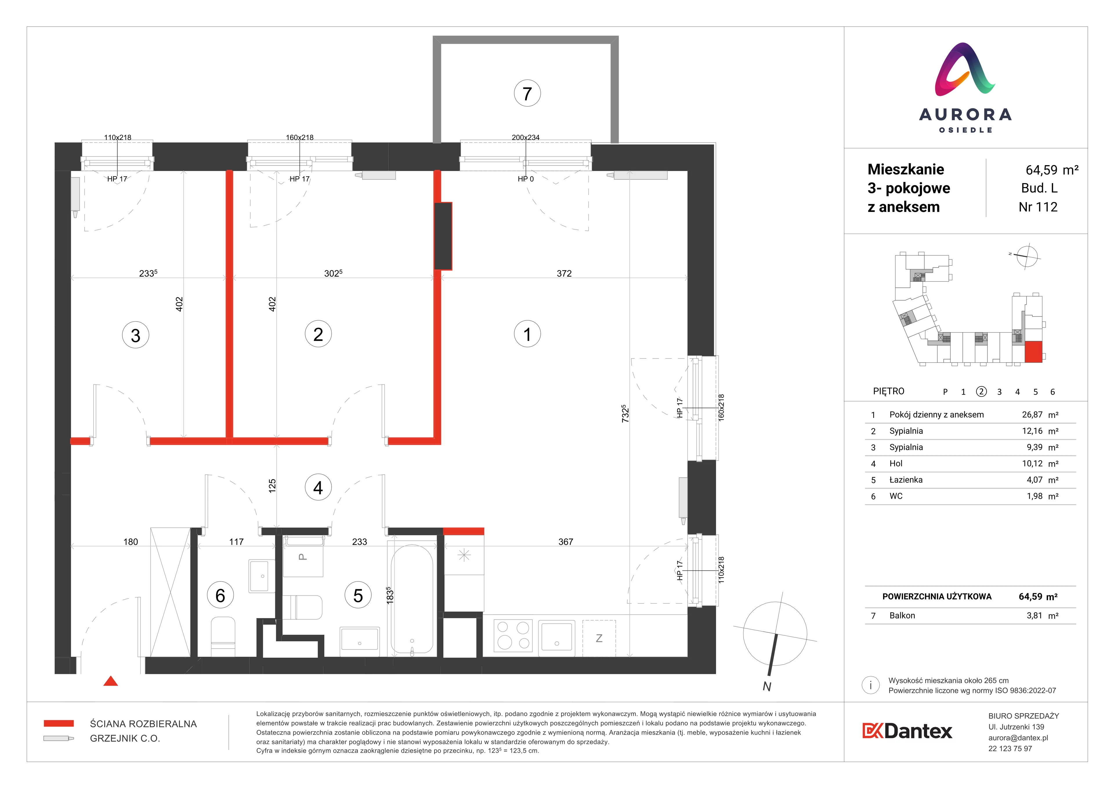 3 pokoje, mieszkanie 64,59 m², piętro 2, oferta nr L1/M112, Osiedle Aurora, Warszawa, Włochy, Raków, ul. Jutrzenki / Wschodu Słońca