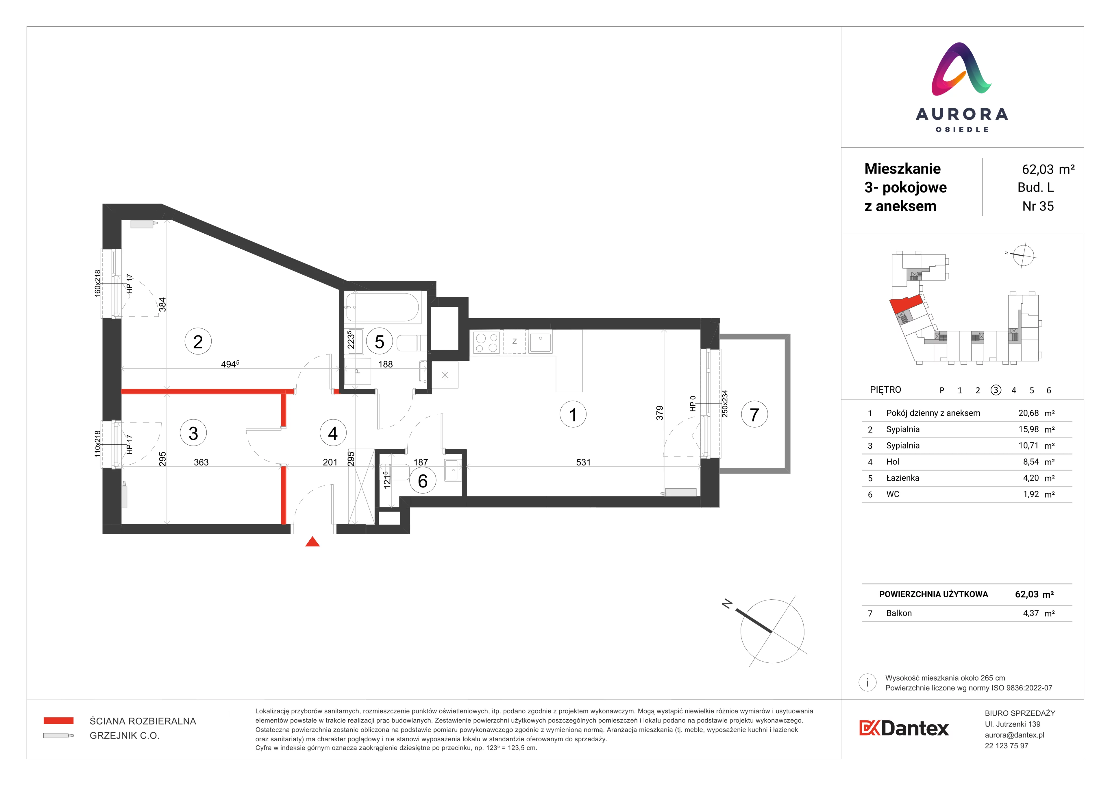3 pokoje, mieszkanie 62,03 m², piętro 3, oferta nr L1/M035, Osiedle Aurora, Warszawa, Włochy, Raków, ul. Jutrzenki / Wschodu Słońca