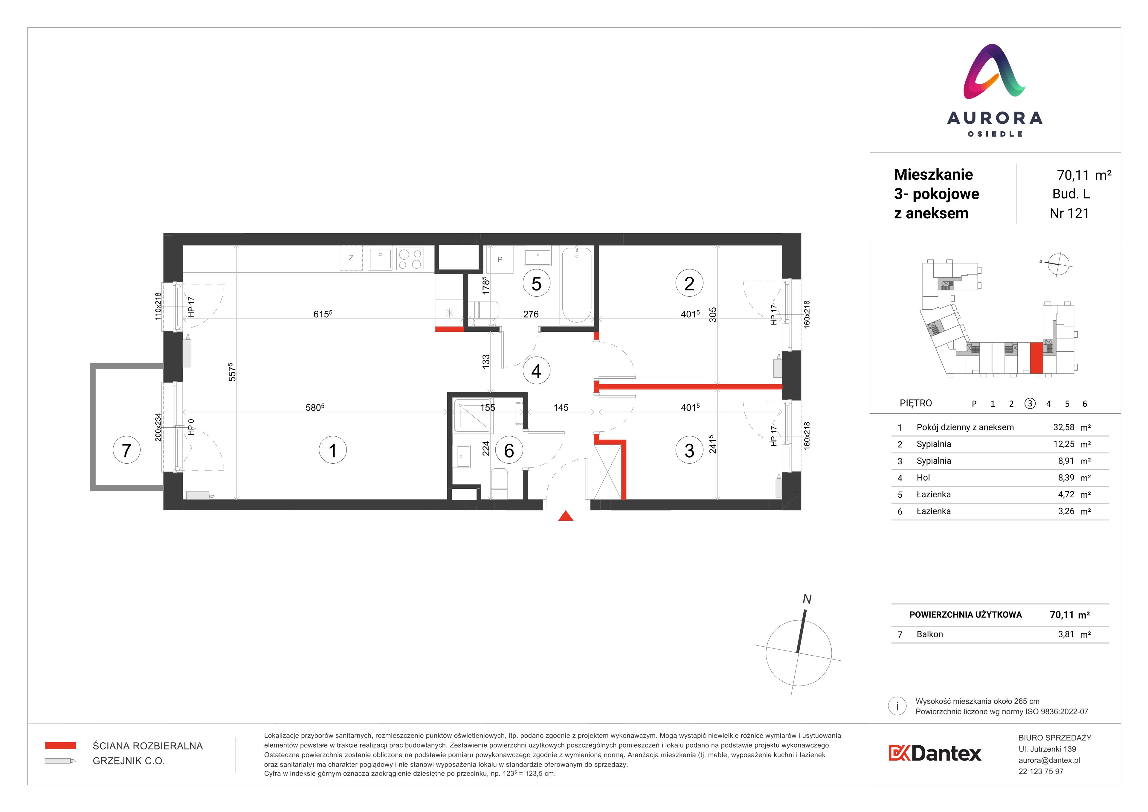 3 pokoje, mieszkanie 70,11 m², piętro 3, oferta nr L1/M121, Osiedle Aurora, Warszawa, Włochy, Raków, ul. Jutrzenki / Wschodu Słońca