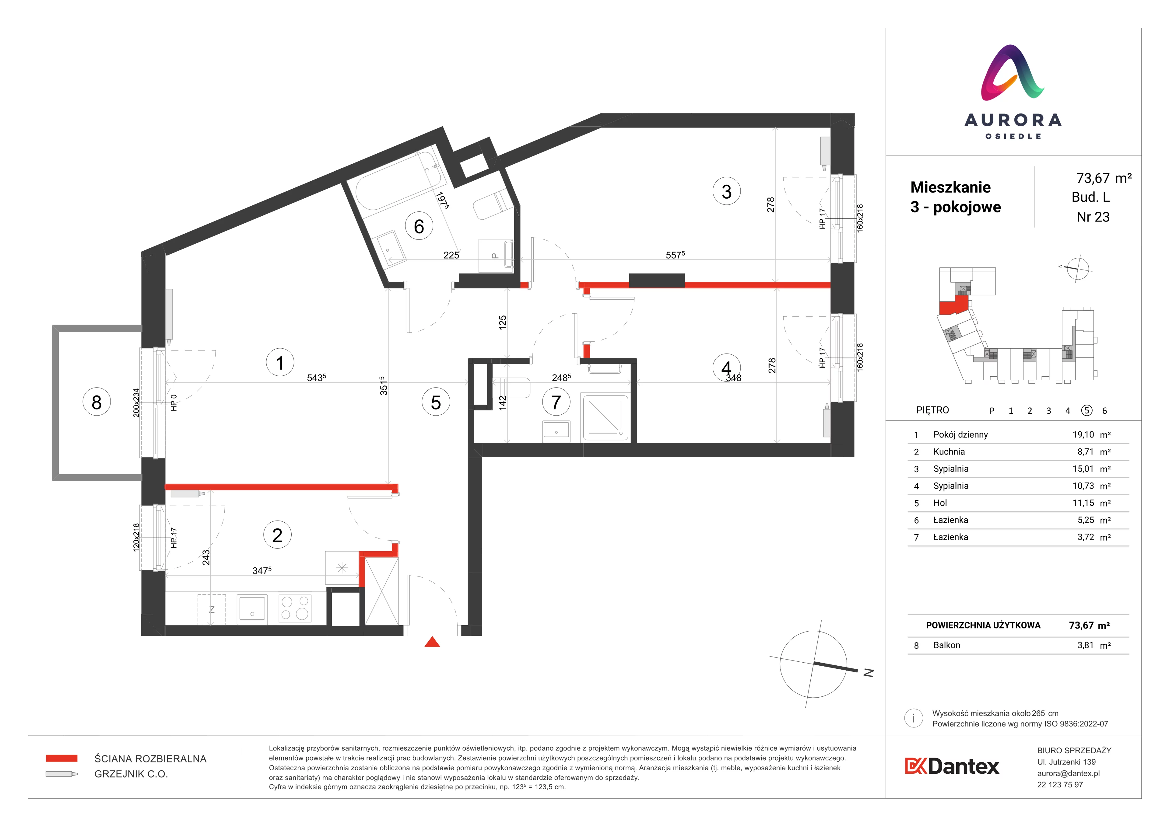 3 pokoje, mieszkanie 73,67 m², piętro 5, oferta nr L1/M023, Osiedle Aurora, Warszawa, Włochy, Raków, ul. Jutrzenki / Wschodu Słońca