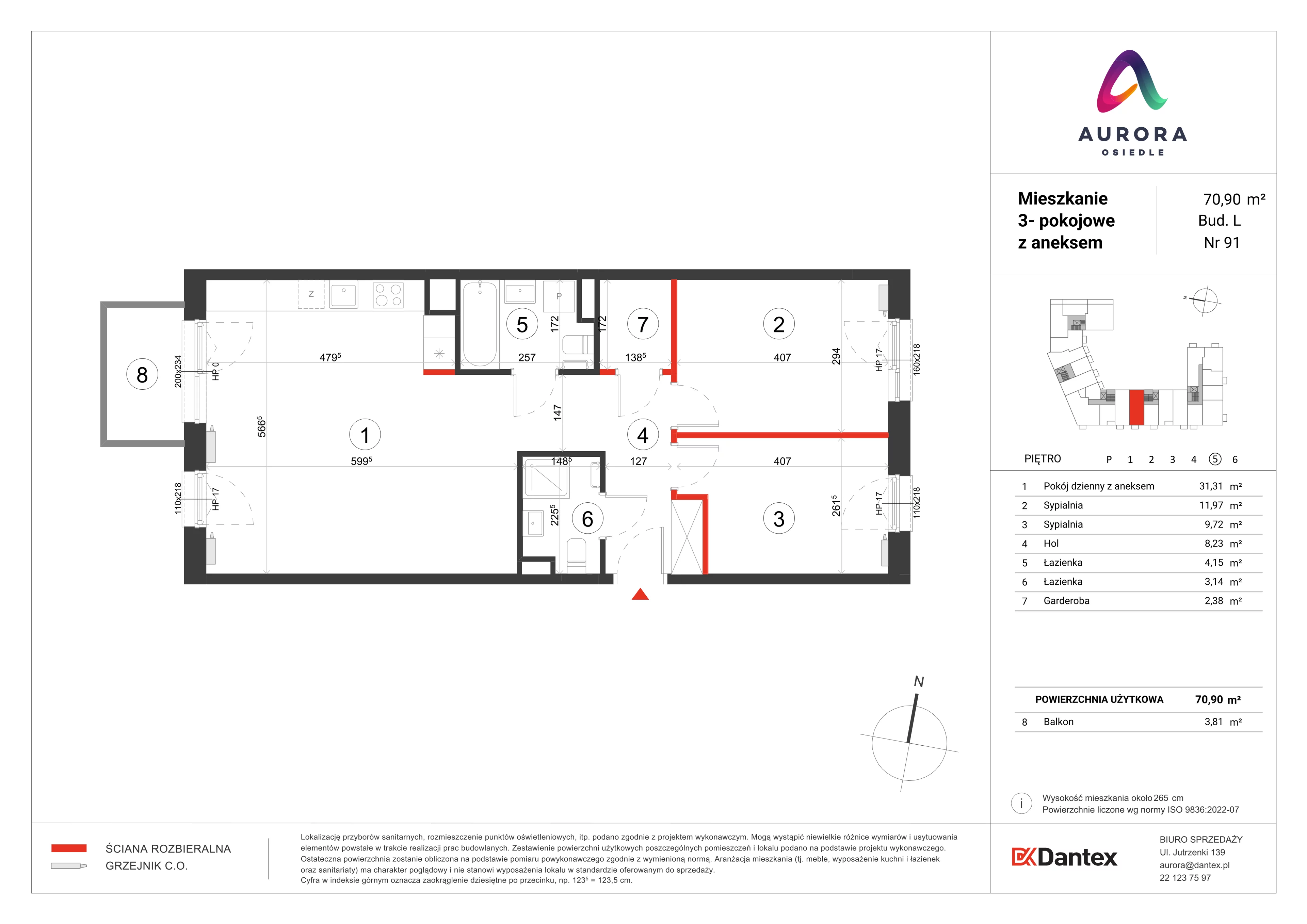 3 pokoje, mieszkanie 70,90 m², piętro 5, oferta nr L1/M091, Osiedle Aurora, Warszawa, Włochy, Raków, ul. Jutrzenki / Wschodu Słońca
