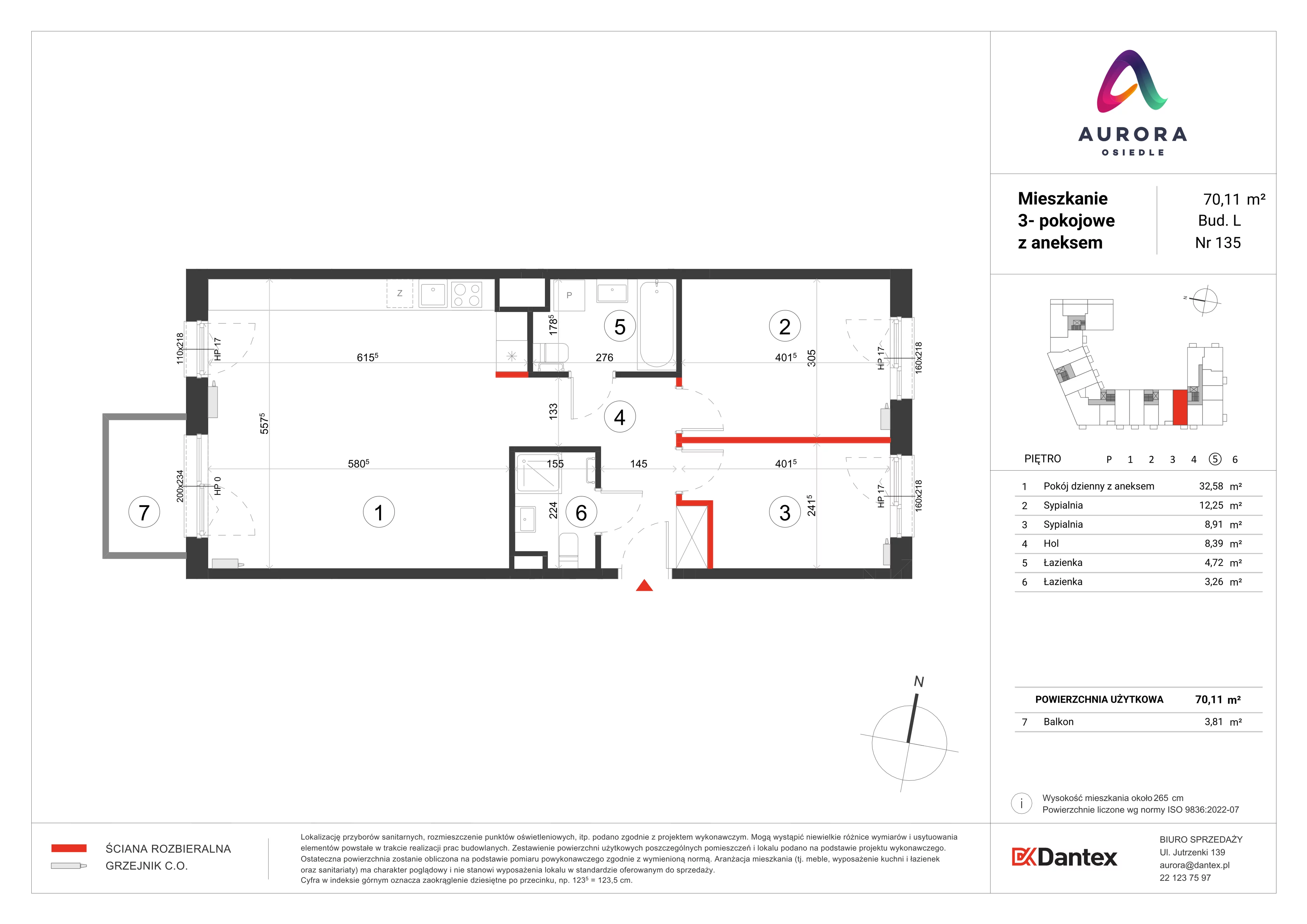 3 pokoje, mieszkanie 70,11 m², piętro 5, oferta nr L1/M135, Osiedle Aurora, Warszawa, Włochy, Raków, ul. Jutrzenki / Wschodu Słońca