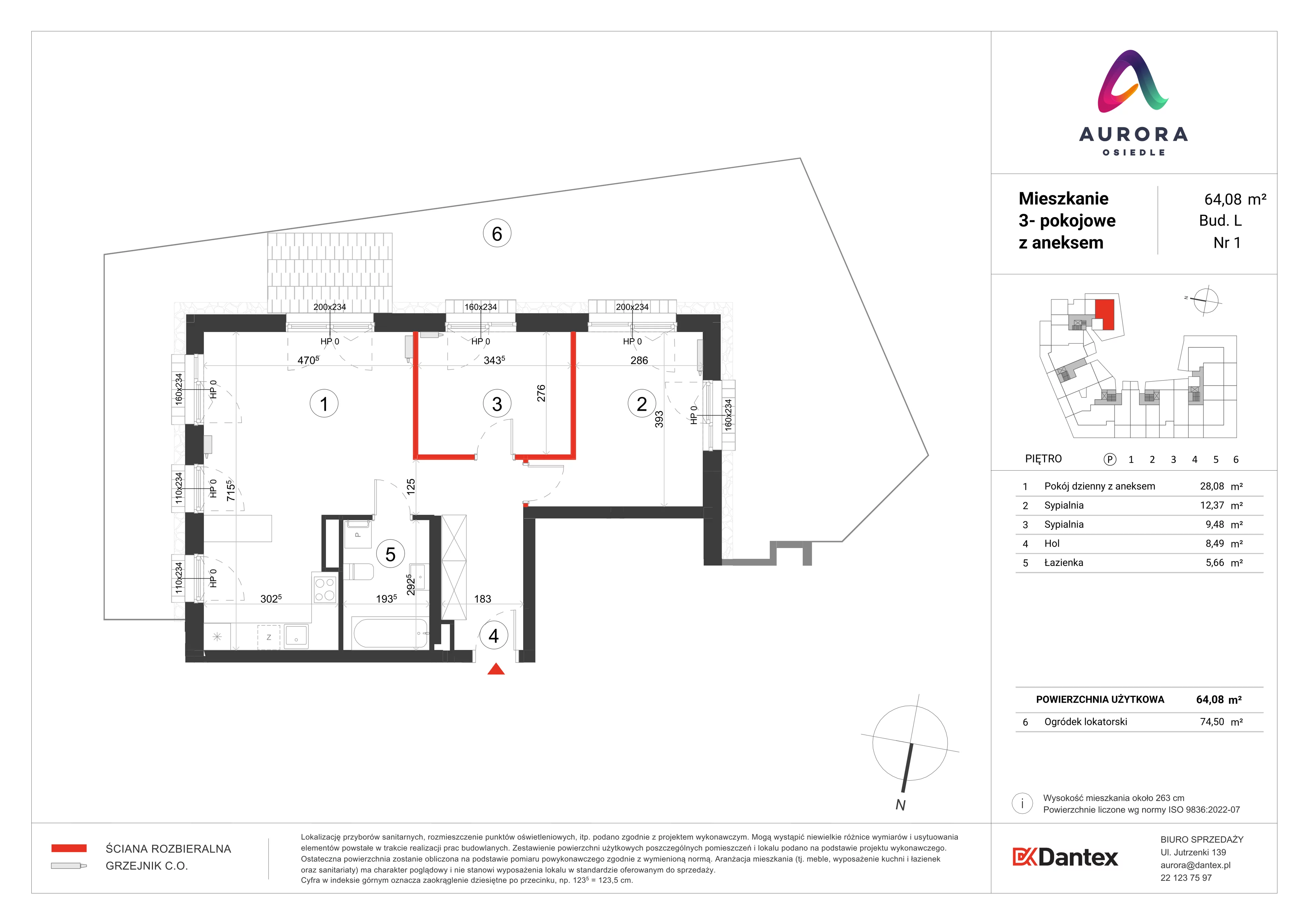 3 pokoje, mieszkanie 64,08 m², parter, oferta nr L1/M001, Osiedle Aurora, Warszawa, Włochy, Raków, ul. Jutrzenki / Wschodu Słońca
