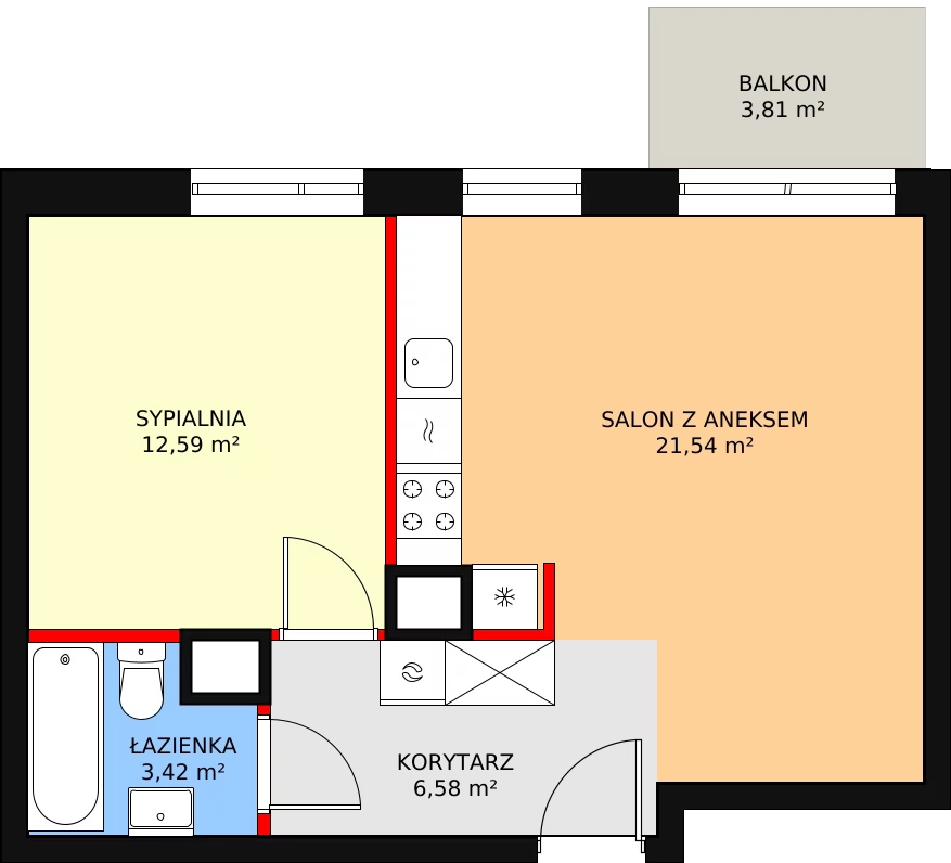 2 pokoje, mieszkanie 44,13 m², piętro 1, oferta nr L1/M005, Osiedle Aurora, Warszawa, Włochy, Raków, ul. Jutrzenki / Wschodu Słońca