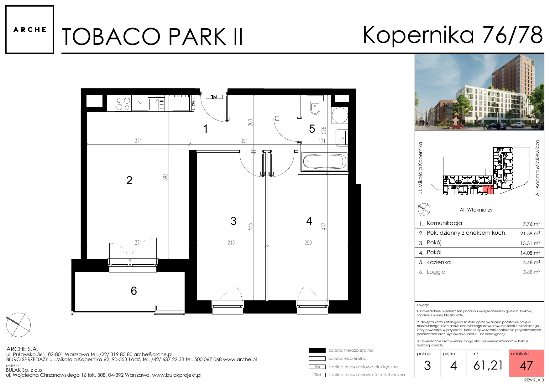 Mieszkanie 61,21 m², piętro 4, oferta nr 47, Tobaco Park II, Łódź, Polesie, Stare Polesie, ul. Mikołaja Kopernika