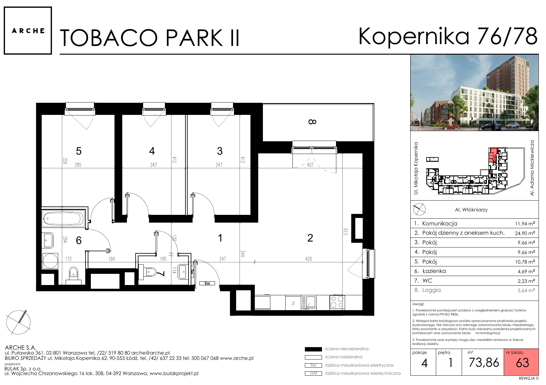 4 pokoje, mieszkanie 73,86 m², piętro 1, oferta nr 63, Tobaco Park II, Łódź, Polesie, Stare Polesie, ul. Mikołaja Kopernika