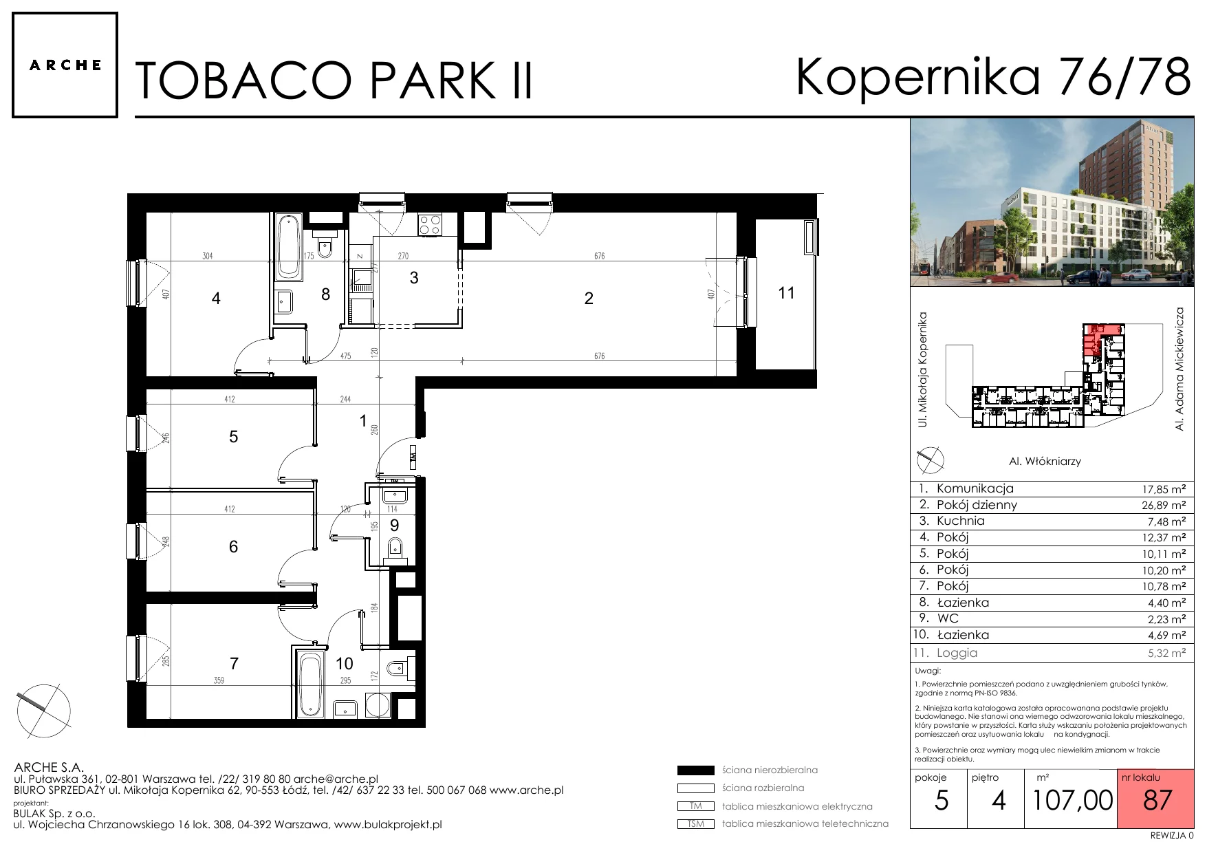 5 pokoi, mieszkanie 107,00 m², piętro 4, oferta nr 87, Tobaco Park II, Łódź, Polesie, Stare Polesie, ul. Mikołaja Kopernika