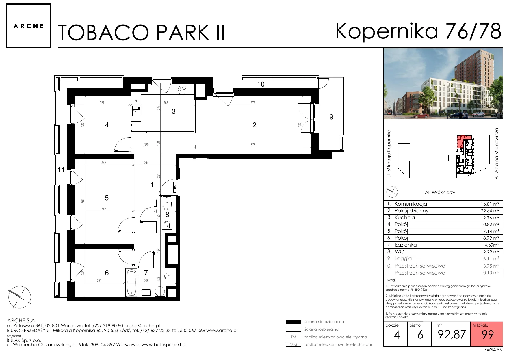 4 pokoje, mieszkanie 92,87 m², piętro 6, oferta nr 99, Tobaco Park II, Łódź, Polesie, Stare Polesie, ul. Mikołaja Kopernika