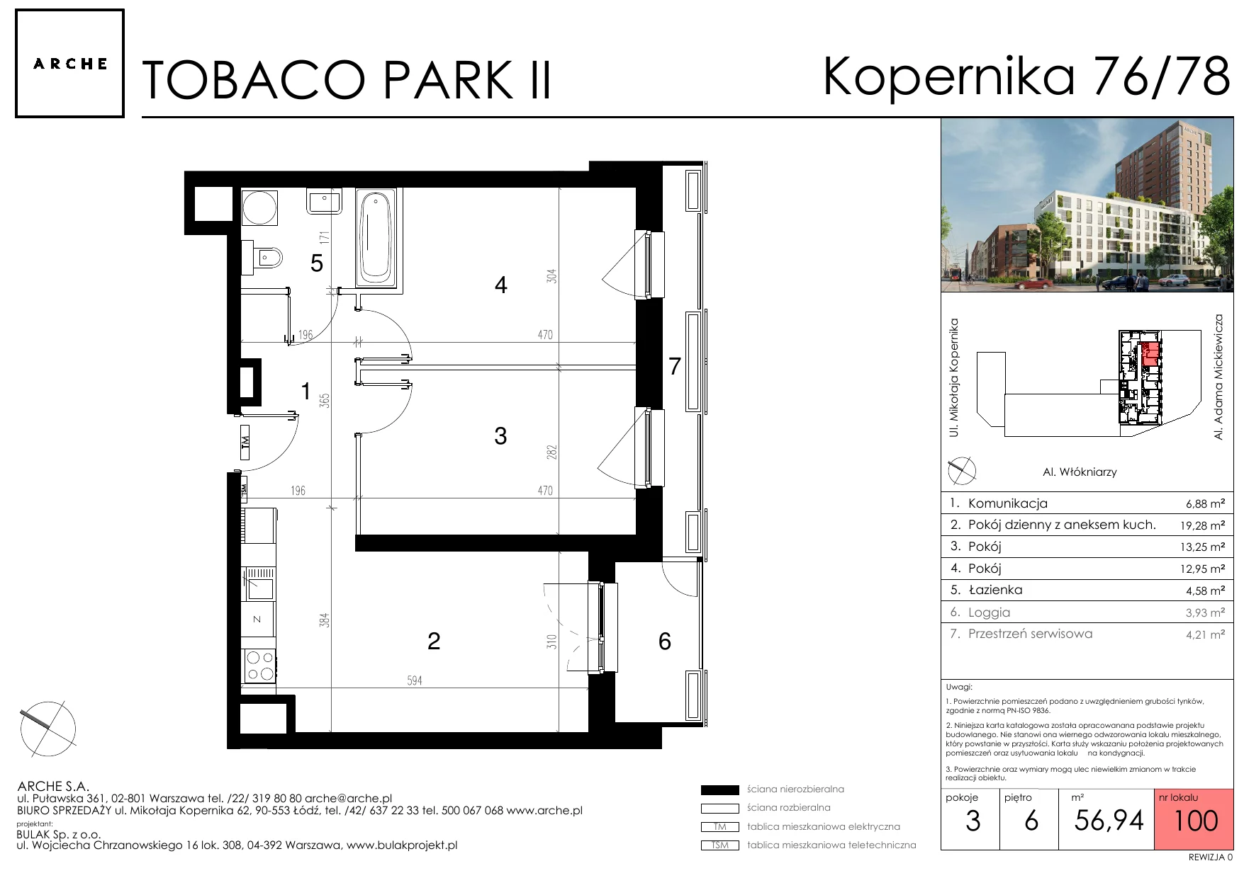 3 pokoje, mieszkanie 56,94 m², piętro 6, oferta nr 100, Tobaco Park II, Łódź, Polesie, Stare Polesie, ul. Mikołaja Kopernika