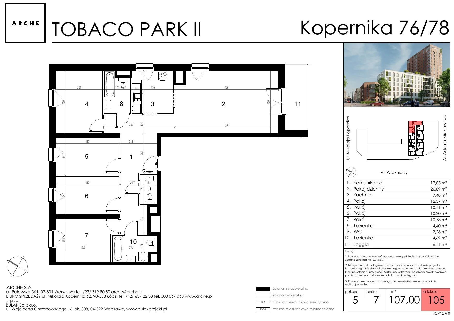 5 pokoi, mieszkanie 107,00 m², piętro 7, oferta nr 105, Tobaco Park II, Łódź, Polesie, Stare Polesie, ul. Mikołaja Kopernika