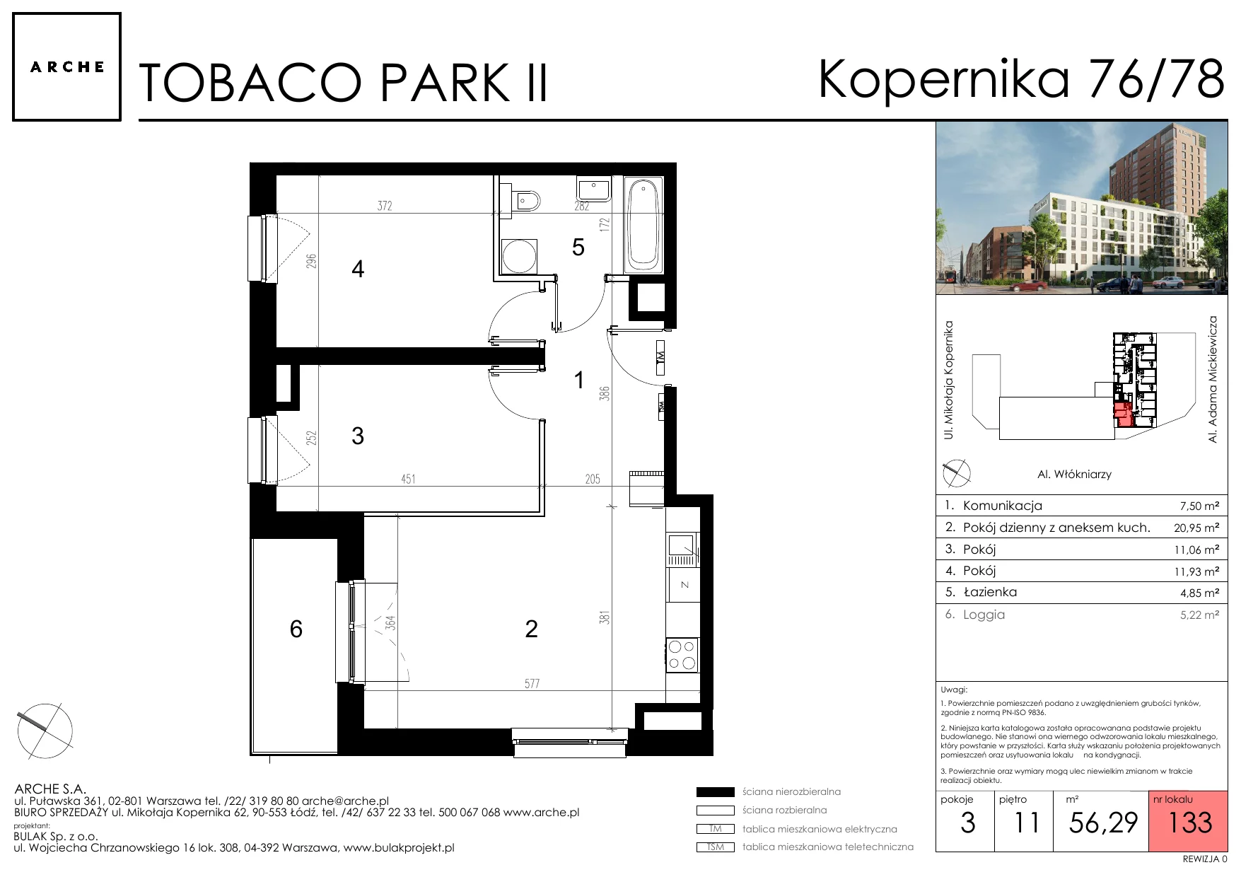 Mieszkanie 56,29 m², piętro 11, oferta nr 133, Tobaco Park II, Łódź, Polesie, Stare Polesie, ul. Mikołaja Kopernika