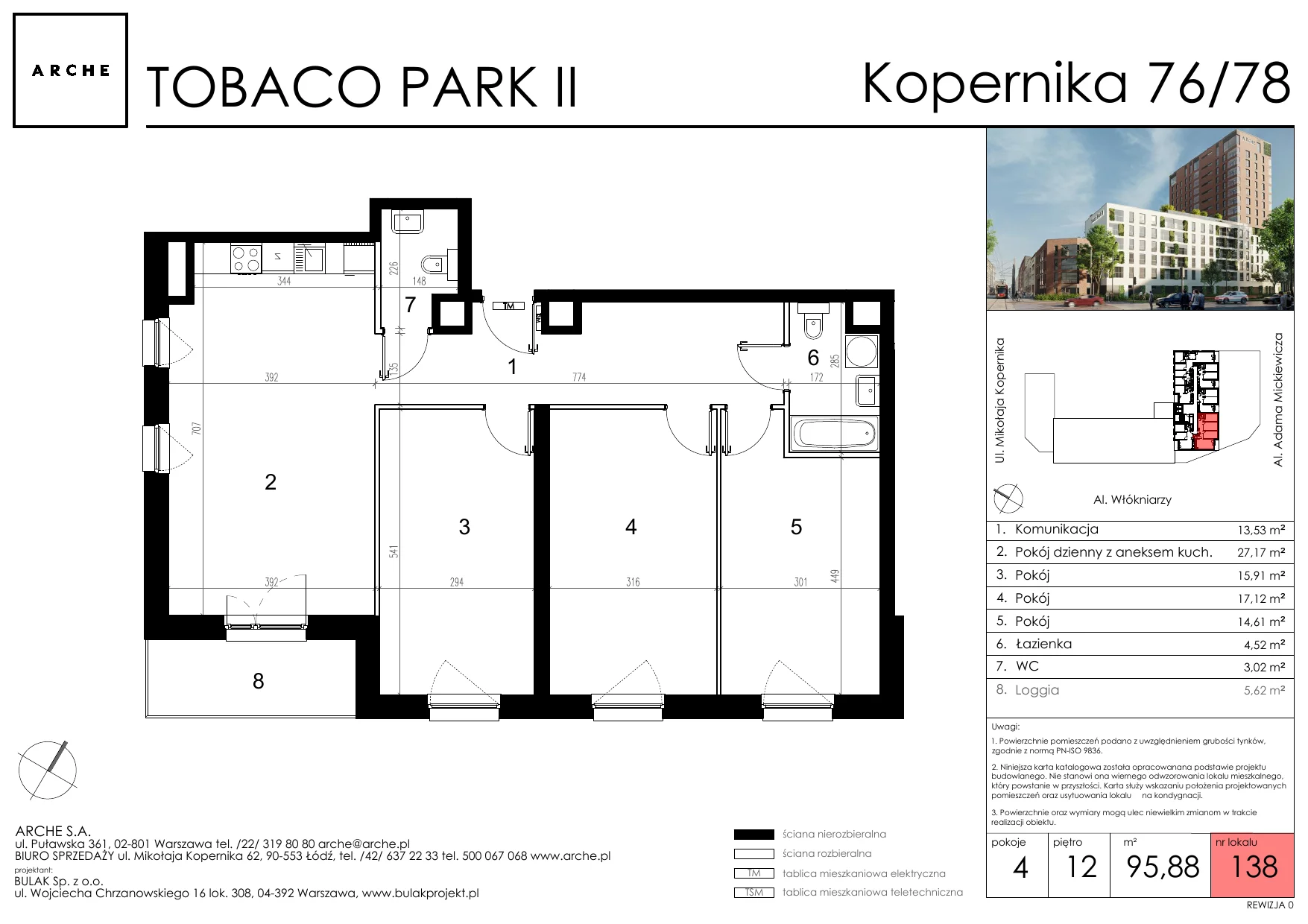 4 pokoje, mieszkanie 95,88 m², piętro 12, oferta nr 138, Tobaco Park II, Łódź, Polesie, Stare Polesie, ul. Mikołaja Kopernika