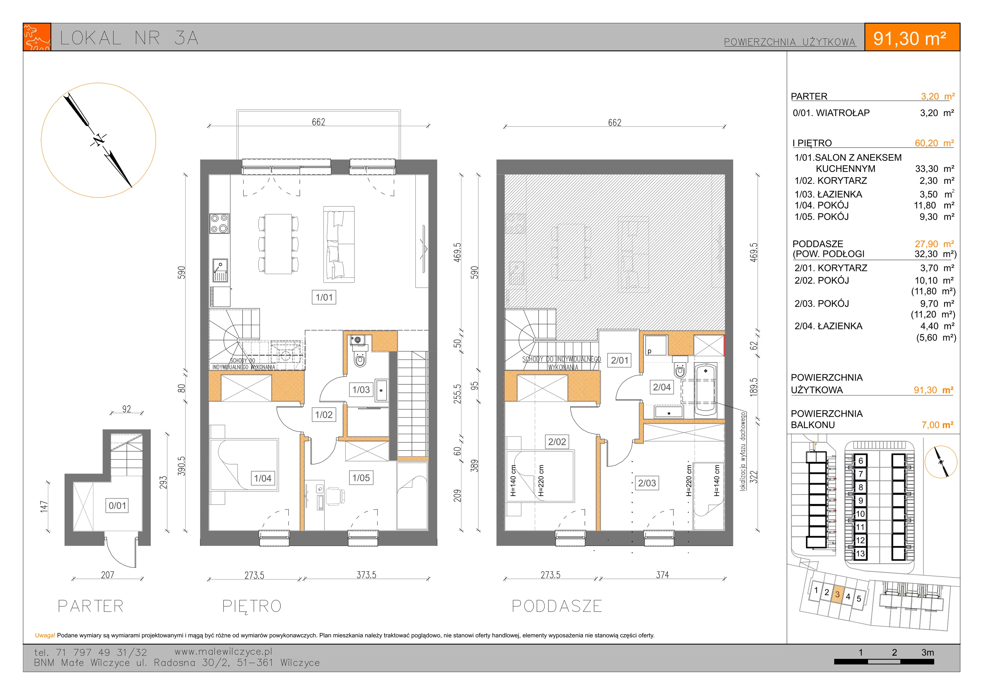 5 pokoi, mieszkanie 91,30 m², piętro 1, oferta nr 3A, Małe Wilczyce, Wilczyce, ul. Zgodna / Życzliwa
