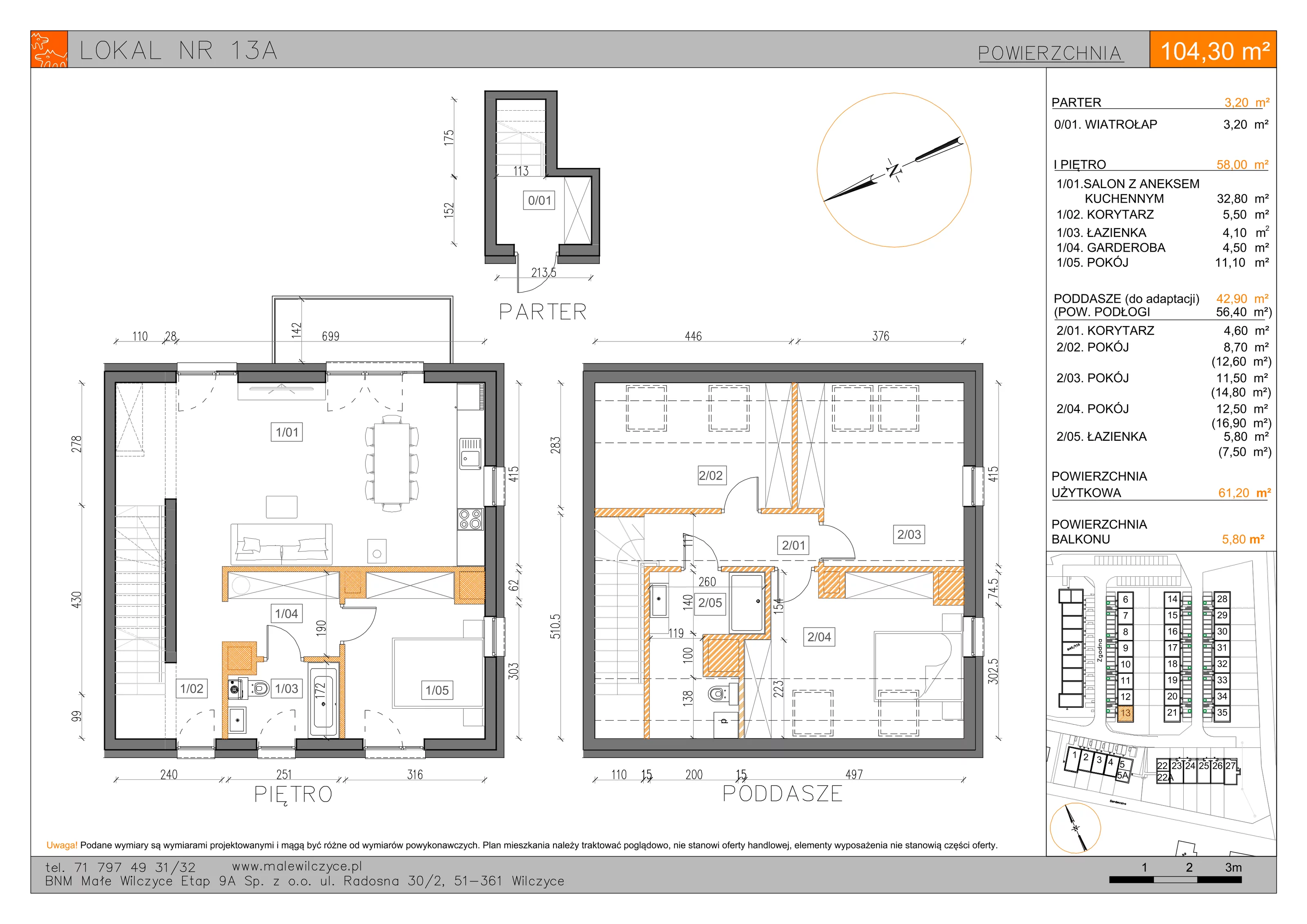 3 pokoje, mieszkanie 61,20 m², piętro 1, oferta nr 13A, Małe Wilczyce, Wilczyce, ul. Zgodna / Życzliwa