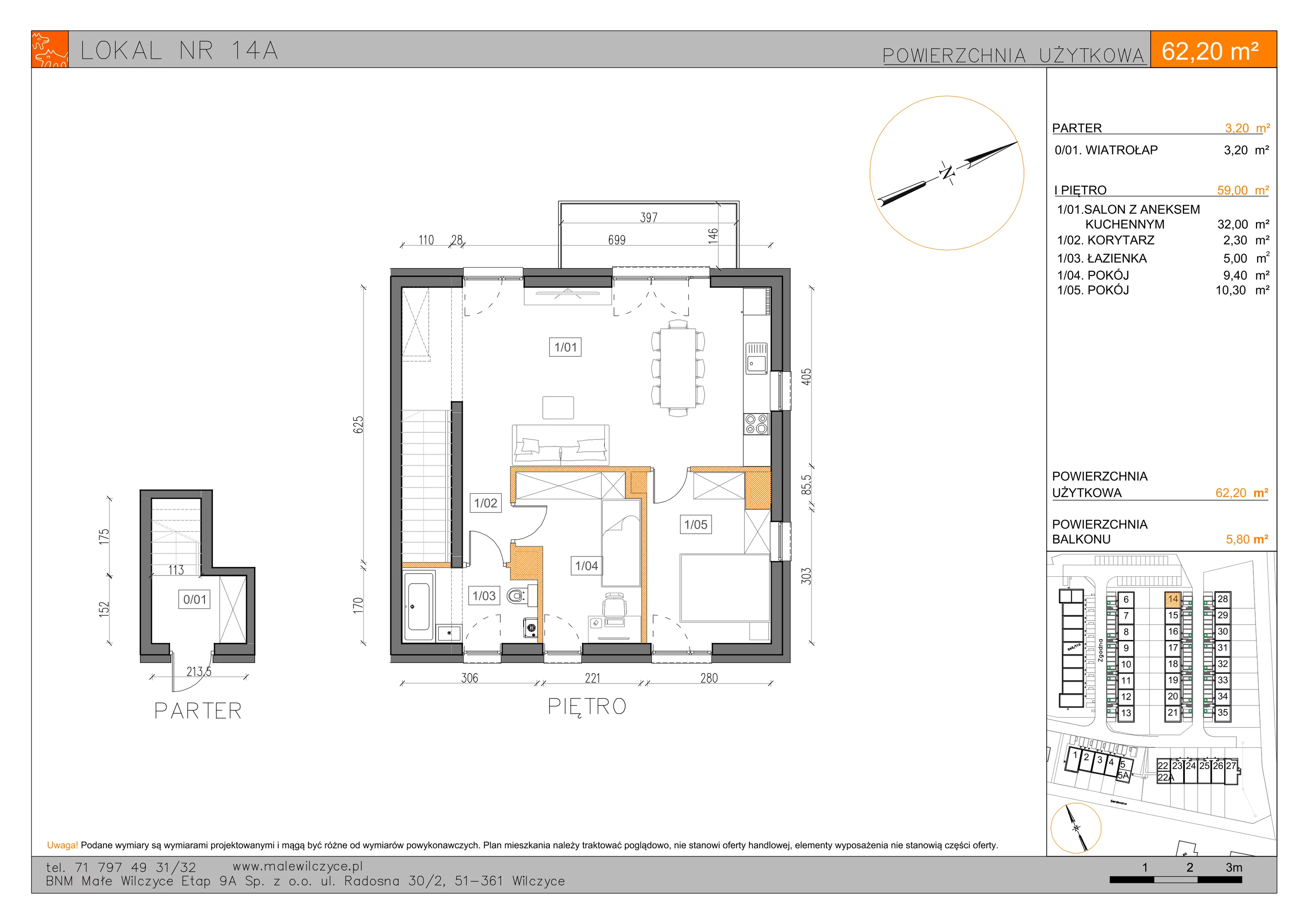 3 pokoje, mieszkanie 62,20 m², piętro 1, oferta nr 14A, Małe Wilczyce, Wilczyce, ul. Zgodna / Życzliwa