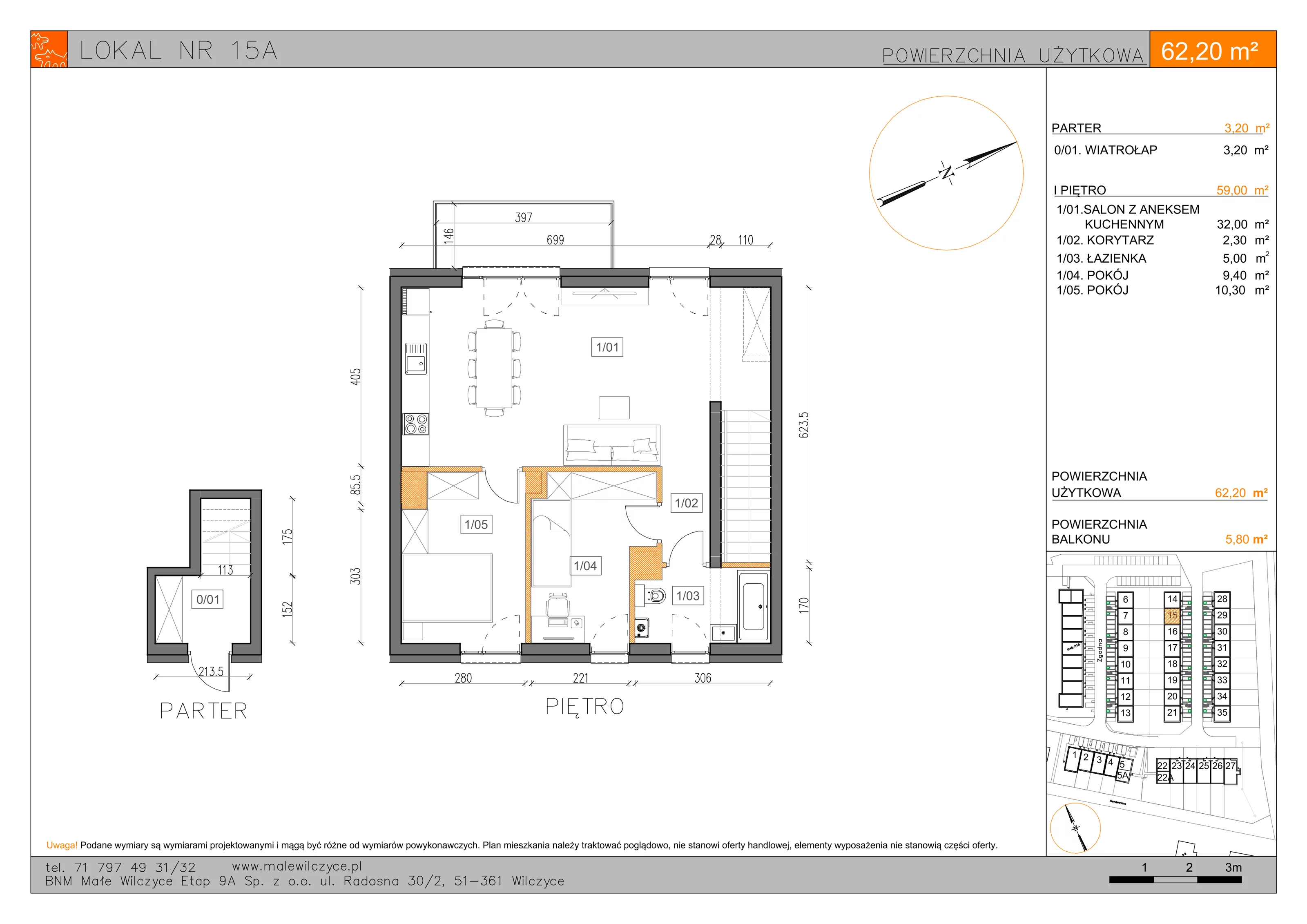 3 pokoje, mieszkanie 62,20 m², piętro 1, oferta nr 15A, Małe Wilczyce, Wilczyce, ul. Zgodna / Życzliwa