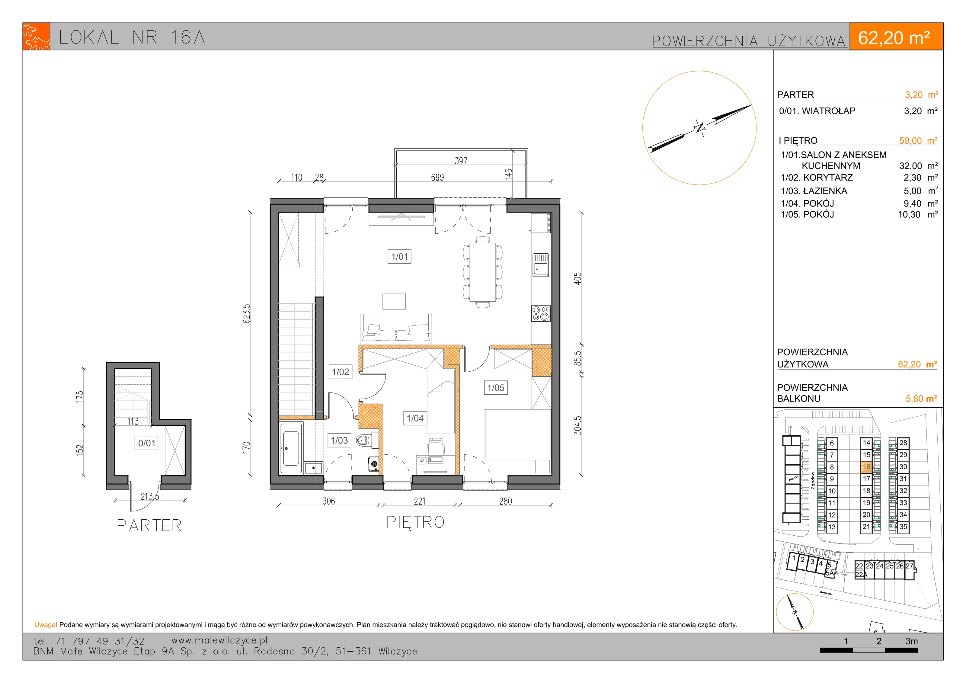3 pokoje, mieszkanie 62,20 m², piętro 1, oferta nr 16A, Małe Wilczyce, Wilczyce, ul. Zgodna / Życzliwa