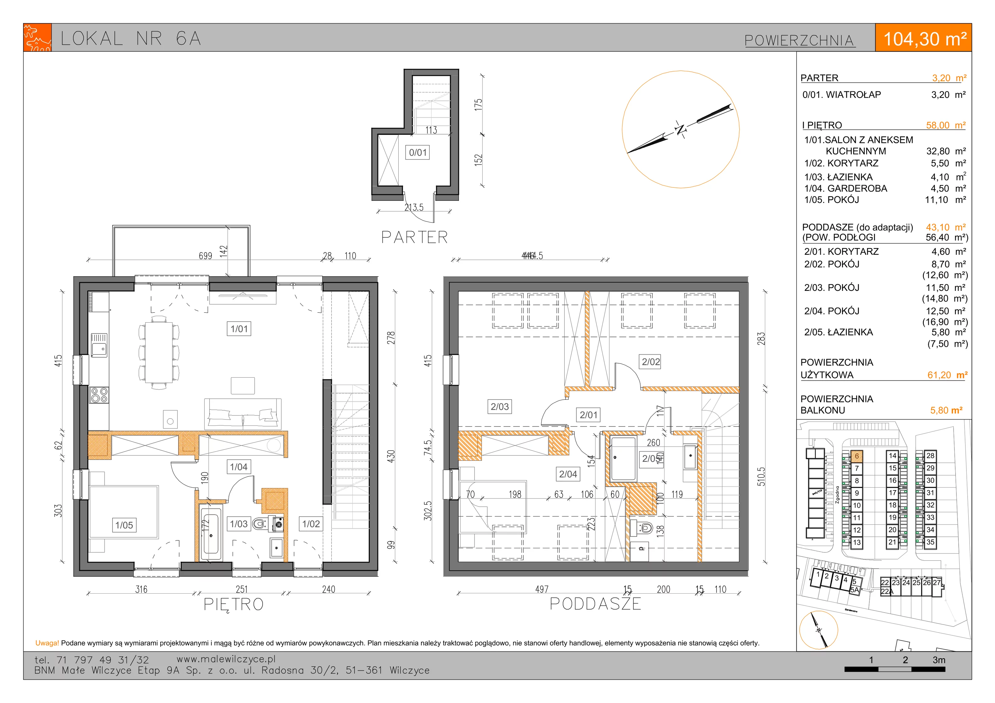 3 pokoje, mieszkanie 61,20 m², piętro 1, oferta nr 6A, Małe Wilczyce, Wilczyce, ul. Zgodna / Życzliwa