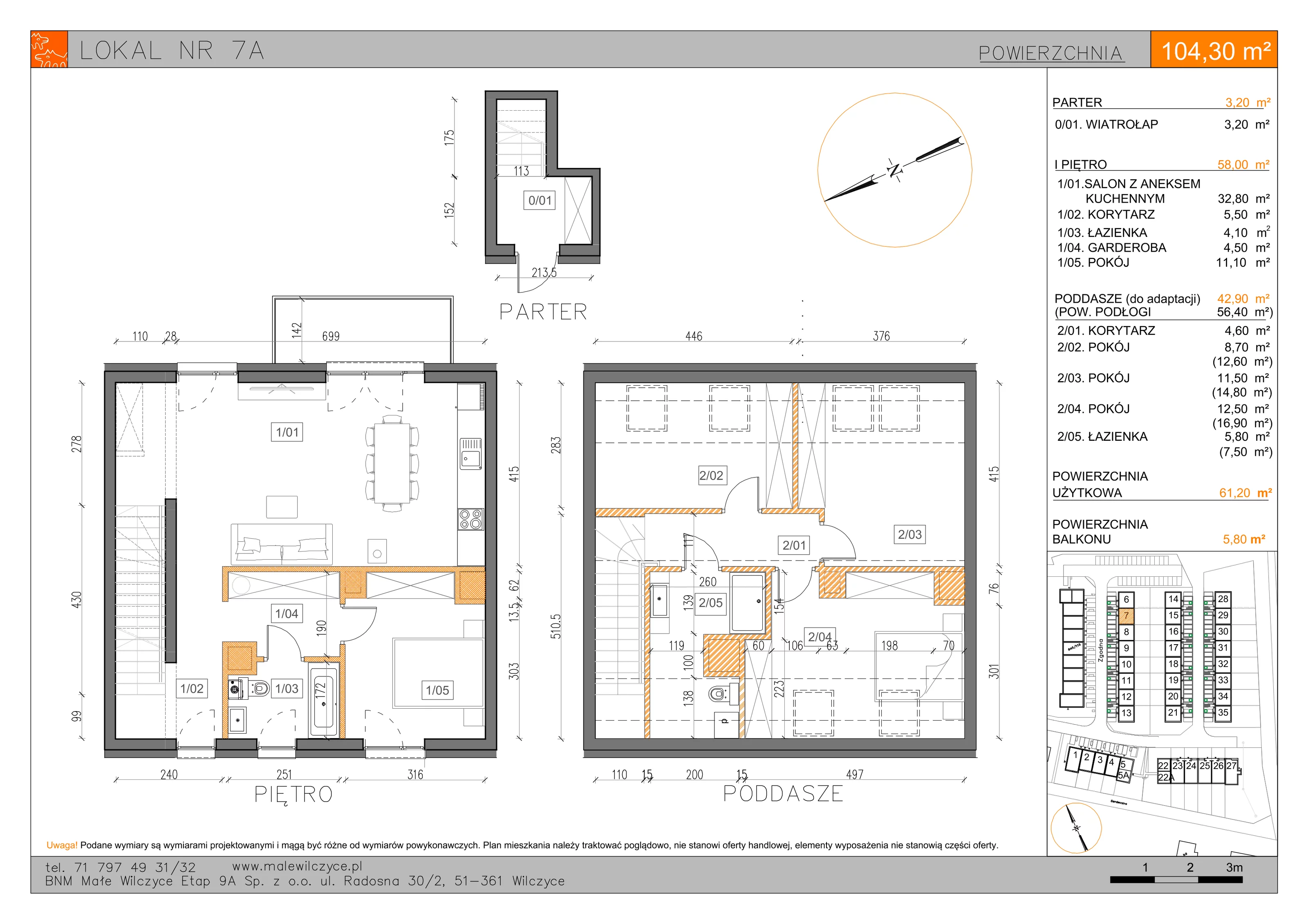 3 pokoje, mieszkanie 61,20 m², piętro 1, oferta nr 7A, Małe Wilczyce, Wilczyce, ul. Zgodna / Życzliwa