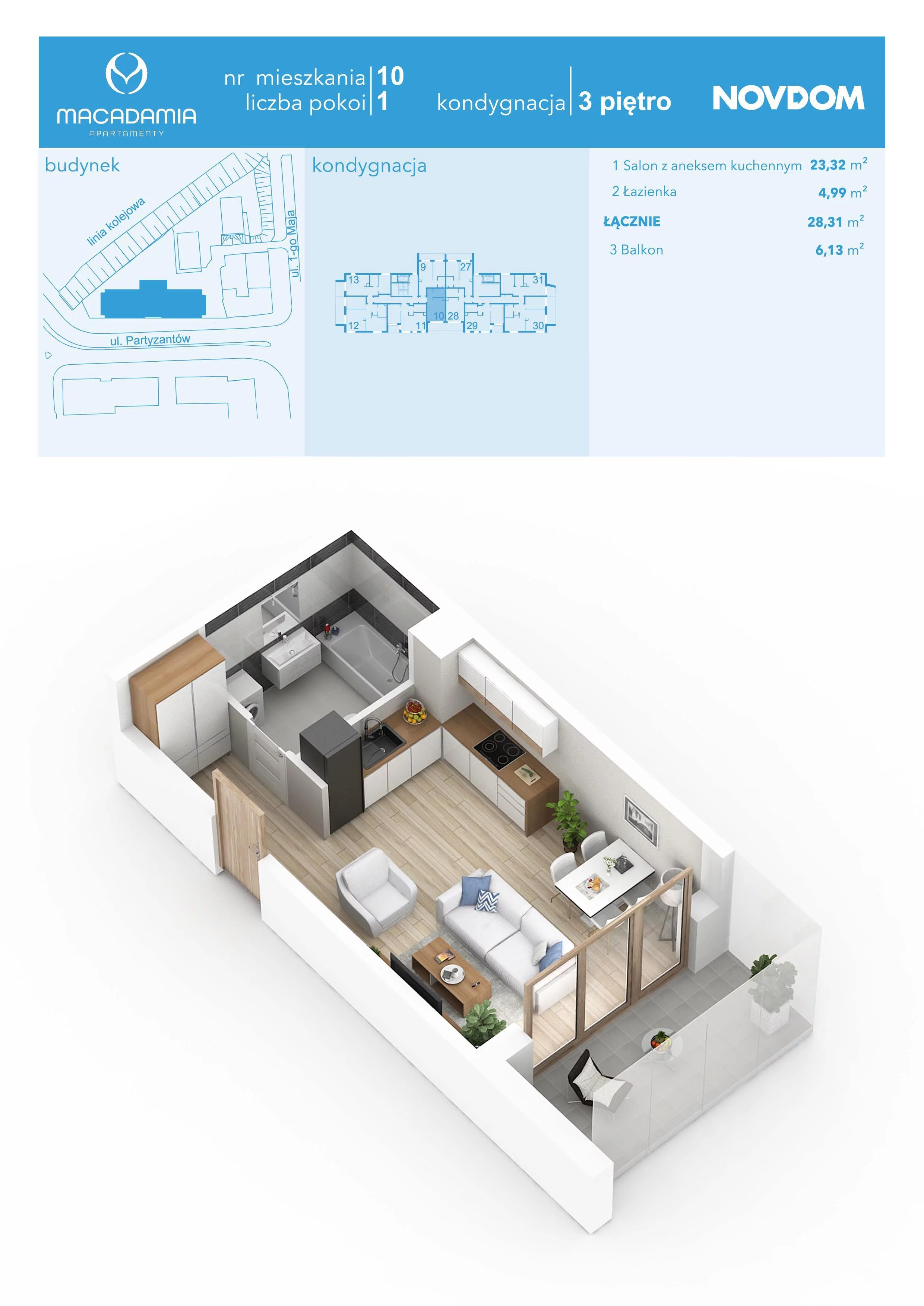 Apartament 28,31 m², piętro 3, oferta nr 1/10, Apartamenty Macadamia, Olsztyn, Śródmieście, ul. 1 Maja