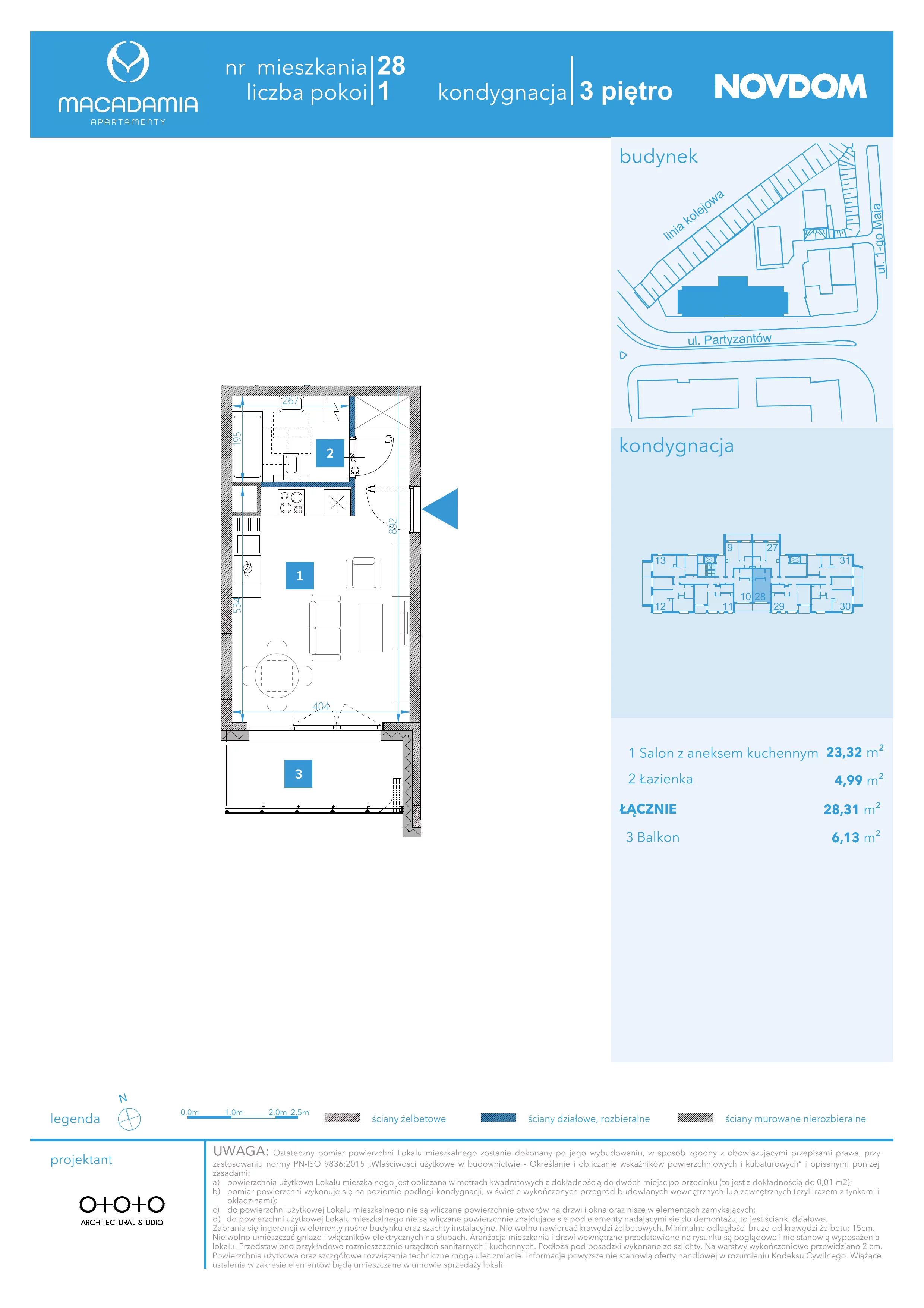 1 pokój, apartament 28,31 m², piętro 3, oferta nr 1/28, Apartamenty Macadamia, Olsztyn, Śródmieście, ul. 1 Maja