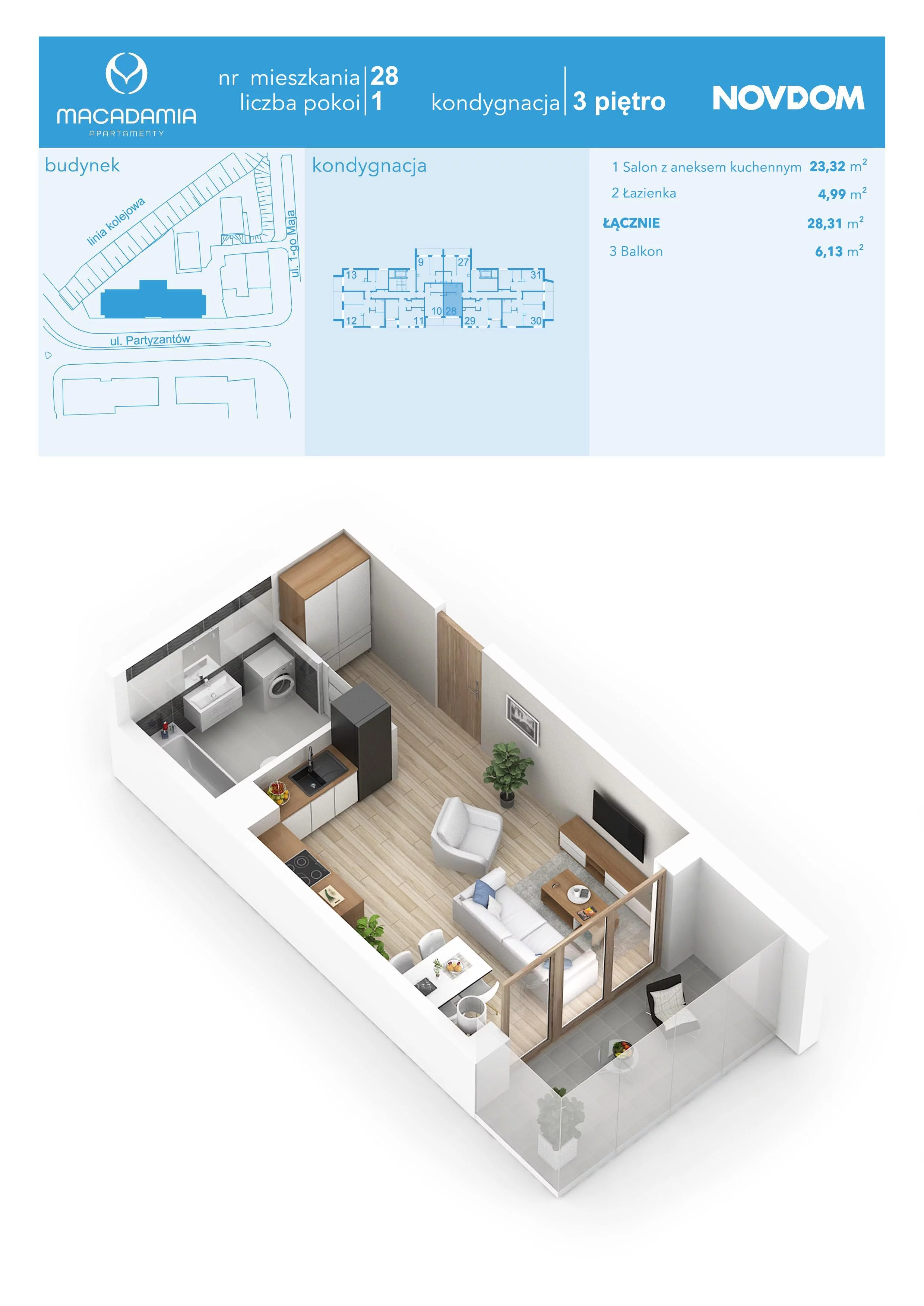 1 pokój, apartament 28,31 m², piętro 3, oferta nr 1/28, Apartamenty Macadamia, Olsztyn, Śródmieście, ul. 1 Maja
